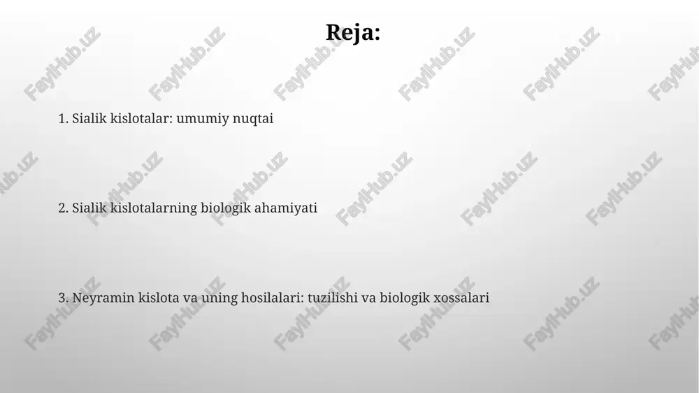 ruhi va karboksil guruhiga ega boʻlishi hisoblanadi. neyramin kislotasining siklik tuzilishi piranoza halqasi shaklida boʻlib, α va β anomerlarining mavjudligi uning biologik faolligini belgilaydi. sialik kislotalarning tibbiy ahamiyati sialik kislotalarining ayrim turlari, masalan, n-asetilneuramin kislota (nana), bakteriyalar va viruslarning hujayralarga yopishishiga toʻsqinlik qiluvchi dori vositalarining tarkibiga kiradi va shu orqali infeksiyalarni oldini oladi. taxminan 40 dan ortiq turdagi sialik kislota mavjud boʻlib, ularning har biri oʻziga xos biologik faollikka ega va turli xil kasalliklar, jumladan, onkologik kasalliklar va immunitet tizimi buzilishlarining davolashda qoʻllanilishi mumkin. sialik kislotalarning izomerlari sialik kislotalarning 9 ta epimeri mavjud boʻlib, ularning asosiy farqi gidroksil guruhlarining (oh) fazoviy joylashuvi bilan belgilanadi, bu esa ularning biologik faolligini sezilarli darajada oʻzgartiradi. sialik kislotalarning ba'zi izomerlari, masalan, 2-keto-3-deoksi-nonulosonik kislota (kdn), odamlarda kam uchraydi, ammo bakteriyalar va boshqa organizmlarda muhim rol o'ynaydi. neyraminidaza fermentlari neyraminidaza fermentlari viruslarning hujayralarga yopishishi va infektsiyani boshlashida muhim rol o'ynaydi, ularning 9 ta turini aniqlash mumkin. …
