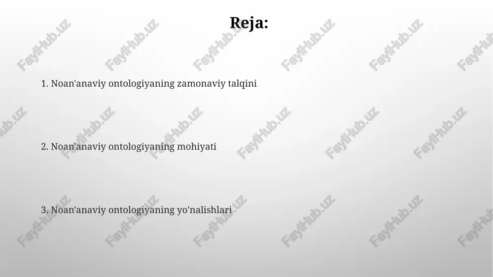 va sun'iy intellekt bilan chambarchas bog'liq bo'lib, tahlil qilish uchun 2020-2030 yillar davridagi ma'lumotlar bazalaridan foydalanishni o'z ichiga oladi. kelajak tadqiqotlari ontologiyaning 3 ta asosiy yo'nalishi – subyektiv tajriba, virtual reallik va kognitiv fanlarni o'z ichiga oladi, bu sohalarda kamida 10 ta yangi nazariya paydo bo'lishi mumkin. ko'p qirrali ontologiya ko'p qirrali ontologiya, turli ontologik tizimlarning o'zaro bog'liqligi va o'zaro ta'sirini, masalan, 3 ta asosiy element - moddiy, ma'naviy va axborot ontologiyalarining birgalikdagi mavjudligini o'rganadi. ushbu yondashuv, klassik ontologiyaning 2 asosiy tamoyillaridan biri bo'lgan eksklyuzivlik printsipini rad etadi va ontologik pluralizmni qo'llab-quvvatlaydi. ob'ektga yo'naltirilgan ontologiya ob'ektga yo'naltirilgan ontologiyaning asosiy tamoyillaridan biri, merosxo'rlik mexanizmi bo'lib, bu 2 yoki undan ortiq ob'ektlar o'rtasida umumiy xususiyatlarni aniqlash va qayta ishlashga imkon beradi. ob'ektga yo'naltirilgan ontologiya, 3 xil turdagi ob'ektlarni – konkret, mavhum va jarayonlarni – farqlash orqali ontologik modellarni yaratishga imkon beradi, bu esa 100 dan ortiq xususiyatlarni aniqlashga yordam beradi. til va …