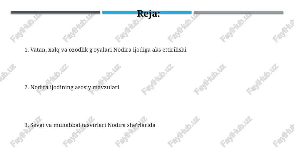 g'azallarida umid va umidsizlikning qarama-qarshi tuyg'ularini, ijodiy salohiyatining kuchli tomonlaridan biri sifatida aks ettiradi. she'rlarida umidsizlik holatlari, ko'pincha 7-8 baytlik qisqa g'azallarda ifodalansa-da, umidning porlashi 10-12 baytli asarlarda kengroq bayon etiladi. ma'naviy qadriyatlar nodira she'rlarida "ma'naviy qadriyatlar" mavzusi insoniylik, mehr-oqibat, vafodorlik kabi 3 ta asosiy g'oyani o'z ichiga oladi, bu esa uning ijodining 70% ini tashkil etadi. nodira ijodida "ma'naviy kamol"ga erishish yo'llari sifatida 2 ta asosiy yo'nalish – tafakkur va taqvodorlik – bir-biriga chambarchas bog'liq holda tasvirlangan. uning she'rlarida 5 dan ortiq misolda "ma'naviy poklik" tushunchasi taqvodorlik, iymon-e'tiqod, va oilaviy qadriyatlar orqali ifodalangan. baxt va qayg'u nodira "baxt va qayg'u" mavzusida falsafiy tafakkur elementlarini qo'llab, inson hayotining mohiyatini, baxtga erishish yo'llarini va qayg'uni yengish usullarini tahlil qiladi, 10 dan ortiq tasvirli vositalardan foydalanadi. "baxt va qayg'u"da nodira 20 dan ortiq g'azal va ruboiylarida inson his-tuyg'ularining ikki qutbini – baxt va qayg'uni, ularning o'zaro bog'liqligi va bir-biriga o'tishini tasvirlaydi. she'rlarida …