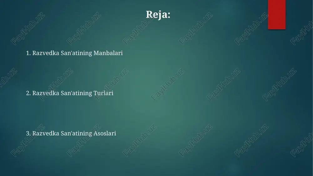 lumotlar beradi. ushbu turdagi razvedka 20% dan ortiq ma'lumotlar beradi. inson razvedkasi inson razvedkasining ishonchlilik darajasi, ishtirok etgan shaxslar soniga (masalan, 10 dan ortiq) va ularning motivatsiyasi darajasiga bog'liq holda o'zgarib turadi. inson razvedkasining samaradorligi, manbalarga (masalan, 5 ta asosiy manba) va agentlarning malakasiga bog'liq bo'lib, muvaffaqiyat darajasi 70% ga yetgan holatlar ham kuzatilgan. inson razvedkasida yashirin aloqa kanallaridan (masalan, 3 ta asosiy kanal) va shifrlangan xabarlar orqali ma'lumotlarni uzatish kabi maxsus texnikalar qo'llaniladi. signal razvedkasi signal razvedkasi faoliyati, dushmanning aloqa tizimlari va elektron qurilmalari haqida muhim ma'lumotlarni olish uchun, maxsus dasturiy ta'minot va algoritmlarni, shu jumladan sun'iy intellektni qo'llashni o'z ichiga oladi. signal razvedkasida ishlatiladigan asbob-uskunalar, masalan, radio chastotalarini qabul qilish va tahlil qilish uchun 5 ghz dan yuqori chastotali sensorlar, yuqori darajadagi texnologiyalarni qo'llashni talab qiladi. signal razvedkasi radio, televidenie va boshqa elektron vositalar orqali olingan ma'lumotlarni tahlil qilishni o'z ichiga oladi, bu esa harbiy va siyosiy maqsadlar …