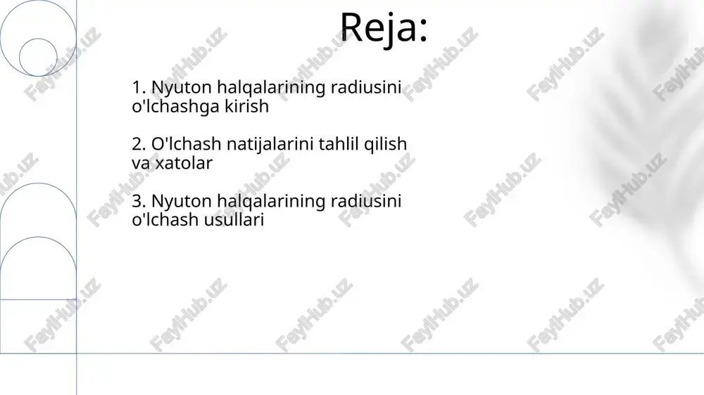 adi. yuqori aniqlikdagi o'lchovlar olish uchun kamida 0,01 mm aniqlikdagi mikroskopik o'lchov vositasi zarur. tajriba uchun tekis shisha plastinka (10 sm diametrli), qavariq linza (kichik egrilik radiusiga ega, taxminan 10-20 metr), monoxromatik nur manbai (masalan, 589 nm to'lqin uzunligiga ega natriy chiroq) va mikrometrli vintli o'lchov asboblari kerak bo'ladi. e'tiboringiz uchun rahmat @taqdimot_robot image1.png image2.jpg image3.jpg image4.jpg image5.jpg image6.jpg