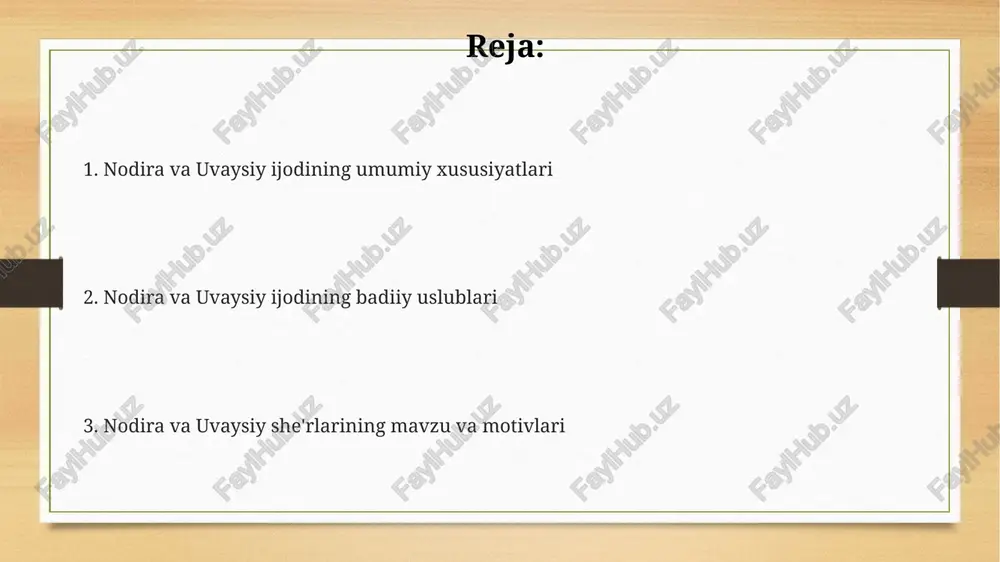 lari uvaysiy g'azallarida, 5 va 7 bo'g'inli misralardan tashkil topgan an'anaviy bayt tuzilmasidan foydalanilgan bo'lsa-da, uning she'riy tili soddaligi va jonliligi bilan ajralib turadi. nodira va uvaysiy asarlarida tez-tez uchraydigan "ishq", "vasl", "hijron" kabi muhim mavzularning ifodalanishida bir-biriga yaqin, lekin individual uslubiy farqlar mavjud. nodira ijodida 12-asr she'riyatiga xos bo'lgan klassik uslublar bilan birga, o'ziga xos lirik ifoda usullari ham uchraydi, jumladan, taqlid va metafora san'atlarining keng qo'llanilishi kuzatiladi. nodira va uvaysiy she'riyatidagi obrazlar nodira ijodida ayol obrazi – 18-asr oxiri va 19-asr boshlarining ijtimoiy-madaniy kontekstida, 7 ta turli qirralarini ochib beradigan murakkab va ko'p qirrali obraz sifatida namoyon bo'ladi. uvaysiy she'rlarida 20 dan ortiq g'azal va ruboiylarda “shoh”, “sulton”, “malika” kabi ijtimoiy-siyosiy obrazlar uning davrining ijtimoiy tuzilmasini aks ettiradi. nodira va uvaysiy she'riyatida tabiat obrazlari, xususan, 3 ta asosiy mavzu: bahor, sevgi va yolg'izlik, ramziy ma'nolar bilan boyitilgan holda uchraydi. ijodning zamonaviy talqini nodira va uvaysiy ijodining zamonaviy talqinida …