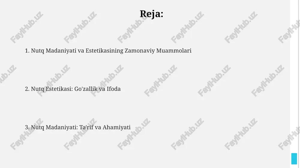 z sur'atlar bilan rivojlanmoqda va yangi tendentsiyalarni o'zida mujassamlashtirmoqda. nutq madaniyatining 5 ta asosiy mezonlari – aniqlik, ravonlik, ifodaviylik, to'g'rilik va ta'sirchanlik bo'lib, ular muvaffaqiyatli og'zaki muloqot uchun muhim ahamiyatga ega. nutq madaniyati tilning 3 asosiy komponentini – fonetika, leksika va grammatikani o'z ichiga olib, to'g'ri va aniq nutqni shakllantirishga qaratilgan ilmiy-amaliy sohadir. tinglovchi bilan muloqot nutqning tempi, pauzalar, intonatsiya kabi parametrlarni o'zgartirish orqali tinglovchining diqqatini saqlab turish va ma'lumotning 85% gachasini etkazish imkoni mavjud. muvaffaqiyatli muloqotda tinglovchining fikrlarini hisobga olish, ya'ni "empatiya" ko'nikmasini namoyish etish orqali kamida 2 baravarga samaradorlikni oshirish mumkin. tinglovchilarning 70% gachasi nutqning emotsional tomonini, faqat 30% gachasi ma'lumotning raqamli jihatlarini eslab qoladi, shuning uchun emotsional aloqa o'rnatish muhim. nutq madaniyatining ahamiyati nutq madaniyati jamiyatdagi 30% dan ortiq muloqot jarayonlarini samarali qilishga, fikr almashinuvni tezlashtirishga va 5 barobarga tushunmovchiliklarni kamaytirishga yordam beradi. nutq madaniyati egalari o'rtacha 20% yuqori darajada professional muvaffaqiyatga erishadi va karera o'sishining tezlashuvi …