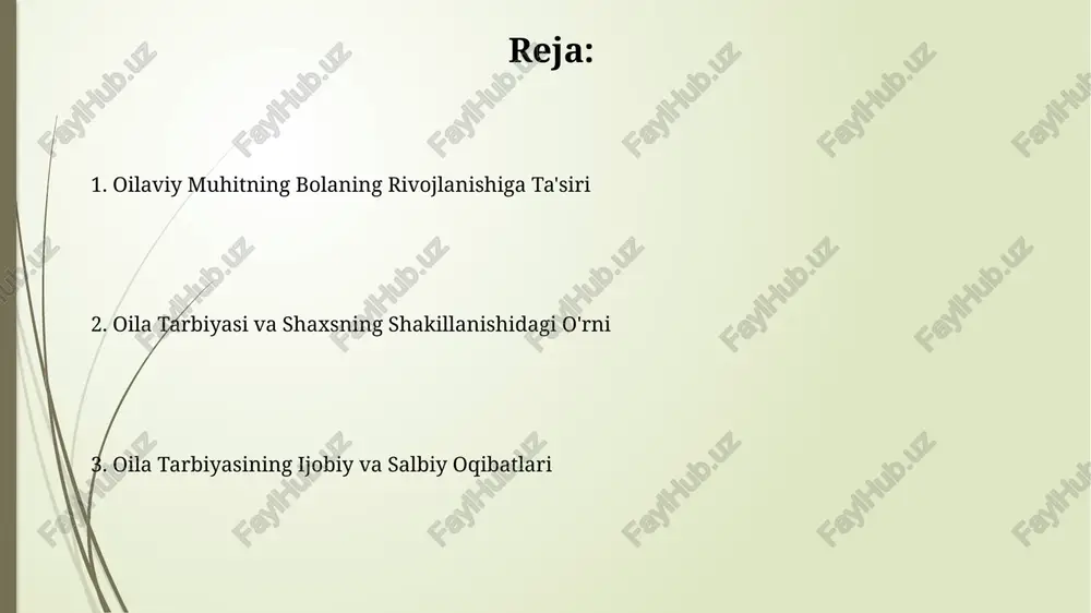 ularning o'zaro munosabatlari, bolaning hissiy-ijtimoiy rivojlanishi va axloqiy qarashlarining shakllanishiga bevosita ta'sir qiladi. oilaviy muhitning iliqligi va qo'llab-quvvatlashi bolaning o'ziga ishonchi va ijtimoiy moslashuvchanligini rivojlanishiga ijobiy ta'sir qiladi, bu esa keyinchalik uning muvaffaqiyatiga yordam beradi. oilaviy muhit va bolaning psixologik rivojlanishi oilada qo'llaniladigan tarbiya uslubi (avtoritar, demokratik yoki liberal) bolaning o'ziga ishonchi, mustaqilligi va muammolarni hal qilish qobiliyatiga sezilarli darajada ta'sir ko'rsatadi, bu esa uning shaxsiy rivojlanishining muhim omilidir. 0-3 yosh oralig'ida tajriba qilingan salbiy oilaviy muhit, bolaning keyingi hayotda ruhiy salomatligi va munosabatlariga salbiy ta'sir ko'rsatishi, depressiya va xavotirga moyillikni kuchaytirishi mumkin. oila tarbiyasi va shaxsning shakllanishidagi o'rni oilada 5 yoshgacha bo'lgan davrda olingan tarbiya shaxsning emotsional intellekti rivojlanishida 70% ga ta'sir ko'rsatadi, bu kelajakdagi munosabatlar va muvaffaqiyatlar uchun muhim ahamiyatga ega. avtoritar tarbiya uslubi bolaning o'ziga ishonchsizligini, ijodkorligining pasayishini va ijtimoiy moslashuvchanlikning qiyinlashishini keltirib chiqarishi mumkin, bu esa shaxsning rivojlanishiga salbiy ta'sir qiladi. oilada bilim olishga rag'batlantirish oilada …