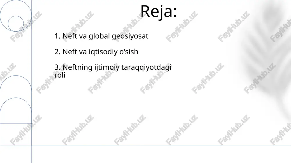 tushirishni maqsad qilgan. o‘zbekistonda neft-gaz qazib olish hajmining 2030-yilga kelib 2 barobar oshishi rejalashtirilgan bo‘lib, bu mamlakatning energetika mustaqilligini oshirishga xizmat qiladi. 6. neft sanoatining rivojlanishi va uning jamiyatga ta’siri neft sanoati rivojlanishi natijasida jahon yalpi ichki mahsuloti (yaim)ning 5% dan ortig'i ta'minlanadi va millionlab ish o'rinlari yaratiladi. 19-asr oxiri va 20-asr boshlarida neftning kashf etilishi va qayta ishlanishi sanoat inqilobining tezlashuviga va shaharlashuvning kuchayishiga olib keldi. 7. kelajakda neftning ahamiyati va yangi texnologiyalar 2040 yilga borib, sunʼiy intellekt va katta maʼlumotlar tahlili neft qazib olish samaradorligini 15% ga oshirishi kutilmoqda. kelajakda neft kimyosi sanoatida 30% gacha bio-neft va boshqa alternativ yoqilgʻilarning ulushi kuzatiladi, bu esa karbon emissiyasini sezilarli darajada kamaytiradi. 8. neftdan alternativ energiya manbalariga o’tish quyosh va shamol energiyasi kabi qayta tiklanadigan energiya manbalarining narxi keskin pasayib, neftga nisbatan raqobatbardosh boʻlib qolmoqda. elektr transport vositalariga o’tish jarayoni tezlashmoqda, 2040-yilga kelib avtomobil bozorining 50% dan ortigʻi elektr avtomashinalardan iborat …