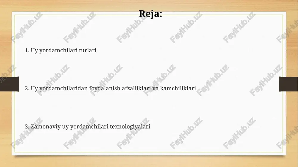 hdi, bu esa energiya tejash va xavfsizlikni kuchaytirishga olib keldi. robot changyutgichlar va o'z-o'zini tozalovchi pechlar kabi avtomatlashtirilgan qurilmalar uy ishlarini bajarish vaqtini 30% gacha qisqartirdi, bu esa odamlarning bo'sh vaqtini oshirdi. onlayn xarid qilish platformalaridan foydalanish va uyga yetkazib berish xizmatlarining rivojlanishi uy ishlarini bajarish usullarini tubdan o'zgartirdi, hattoki oziq-ovqat mahsulotlarini xarid qilish vaqtida 50% gacha vaqtni tejashga yordam berdi. xavfsizlik va xavfsizlik choralari uyda yong'in xavfsizligi uchun kamida ikkita ishlaydigan tutun detektori va bir dona uglerod monoksid detektorini o'rnatish, shuningdek, yong'inga qarshi vositalarni (o't o'chirgich, yong'inga qarshi adyol) tayyorlab qo'yish kerak. uyning xavfsizlik tizimini yaxshilash uchun, kamida 8 ta strategik joylarga xavfsizlik kameralarini o'rnatish va professional xavfsizlik kompaniyasi bilan shartnoma tuzish tavsiya etiladi. uy hayvonlarining xavfsizligi uchun, ularni zaharli moddalardan, elektr simlaridan va xavfli buyumlardan himoya qilish maqsadida, maxsus qulflar va panjaralarni o'rnatish tavsiya etiladi. kamida 2 ta choralar ko'rish kerak. uy yordamchilarining kamchiliklari uy yordamchilaridan foydalanishning asosiy …
