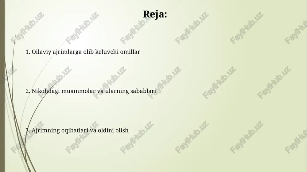 70% hollarda turmush o'rtoqlararo muloqotning yetishmasligi va tushunmovchiliklar tufayli yuzaga keladi, bu esa ajralish ehtimolini sezilarli darajada oshiradi. oiladagi zo'ravonlik va tahdidlar oilaviy zo'ravonlik va tahdidlar natijasida 30% dan ortiq oilalar ijtimoiy xizmatlardan yordam so'rab murojaat qilmaydi, bu esa muammoning yanada kuchayishiga olib keladi. oiladagi zo'ravonlikning 70% dan ortig'i ayollarga qarshi bo'lib, ularning ruhiy va jismoniy salomatligiga jiddiy zarar yetkazishi mumkin. oilaviy ajrimlarga olib keladigan moliyaviy omillar moliyaviy resurslarni teng taqsimlash masalasida kelishmovchiliklar, ayniqsa, katta miqdordagi meros yoki mol-mulk bo'lsa, oilaviy munosabatlarning buzilishi va ajrimga olib kelishi mumkin. turmush o'rtoqlarning biri yoki ikkalasining ishsizlik darajasi va daromadning keskin pasayishi oilaviy mojarolarga va ajrimga olib keladi, statistikaga ko'ra, bu holatlarning 35% ajrimga sabab bo'ladi. shaxsiy farqlar va qarama-qarshiliklar turmush o'rtoqlarning temperamentdagi keskin farqlari, masalan, introvert va ekstravert xususiyatlarining to'qnashuvi, ajralishga 25% gacha hissa qo'shishi mumkin. oilaviy ajrimlarga turmush o'rtoqlarning 60% dan ortiq hollarda mos kelmasligi, qarama-qarshi qadriyatlar va hayot maqsadlariga ega …