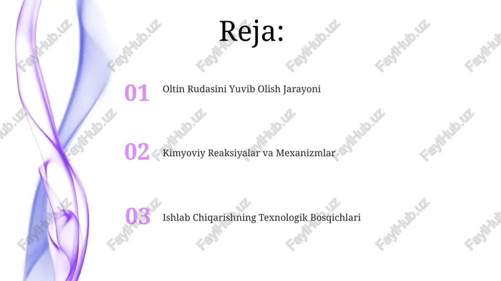 yanid eritmalarining 10 ppm dan yuqori konsentratsiyasi yer osti va yer usti suvlarining ifloslanishiga olib kelishi mumkin, bu esa atrof-muhitga jiddiy zarar yetkazadi. leaching jarayoni uchun ishlatiladigan suvning 20-30% miqdori bug'lanish va singish orqali yo'qoladi, bu esa suv resurslariga bo'lgan talabni oshiradi va suv tanqisligiga olib kelishi mumkin. iqtisodiy samaradorlik 1 tonna rudadan olingan oltin miqdori va uning bozor narxi o'rtasidagi nisbat, foyda marjasini aniqlashda iqtisodiy samaradorlikni baholashda muhim omil hisoblanadi. leaching jarayonining optimallashtirilishi, masalan, kislota miqdorini 15% ga kamaytirish, kimyoviy moddalarga sarf-harajatlarni sezilarli darajada qisqartiradi va rentabellikni oshiradi. eritmalarni tayyorlash eritma tarkibiga, oltinni eritish samaradorligini oshirish uchun, aktivator sifatida 0,1-0,5% temir (iii) sulfat qo'shiladi. eritmalar tayyorlashda suvning sifatiga alohida e'tibor beriladi, chunki qo'shimcha ionlarning mavjudligi reaktsiyani sekinlashtirishi yoki noto'g'ri natijalarga olib kelishi mumkin. e'tiboringiz uchun rahmat @taqdimot_robot image4.jpg image5.jpg image6.jpg image7.jpg image8.jpg image9.jpg image10.jpg image1.jpeg image2.jpeg image3.jpeg