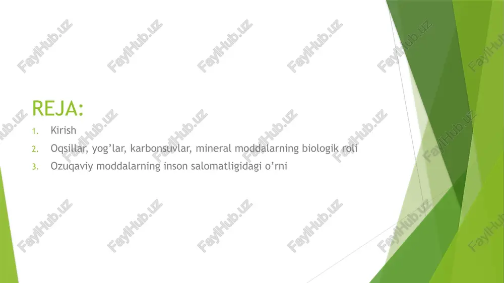 suvlar, mineral moddalarning biologik roli karbonsuvlar (uglevodlar) asosiy energiya manbai (1 g = 4 kkal). miya, asab tizimi va mushaklar faoliyatini ta’minlaydi. glikogen shaklida jigar va mushaklarda zaxira energiya sifatida saqlanadi. karbon suvlar asaosan quyidagi mahsulotlarda bo’ladi: non, yorma, kartoshka, mevalar, sabzavotlar, asal, shakar. tolali uglevodlar (sellyuloza) ichak faoliyatini yaxshilaydi. oqsillar, yog’lar, karbonsuvlar, mineral moddalarning biologik roli mineral moddalar suv-tuz muvozanatini saqlaydi. qon hosil bo‘lish, asab impulslarini o‘tkazish, mushak qisqarishida ishtirok etadi. suyak, tish va fermentlar tarkibiga kiradi. asosiy turlari va manbalari: mineral asosiy rol manbalar kalsiy (ca) suyak, tish, qon ivishi sut, pishloq, baliq fosfor (p) energiya almashinuvi go‘sht, baliq, don mahsulotlari temir (fe) gemoglobin tarkibi go‘sht, jigar, olma, ismaloq kaliy (k) yurak va mushak faoliyati kartoshka, banan, sabzavotlar natriy (na) suv-tuz balansi osh tuzi yod (i) qalqonsimon bez gormoni dengiz mahsulotlari vitaminlar tirik organizmning hayot faoliyati va normal moddalar almashinuvi uchun zarur boʻlgan organik birikmalar. ular turli xil …
