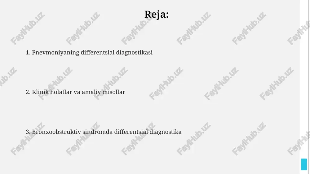 oniyatlarini baholash zarur, shuningdek, tashxisni aniqlashtirish uchun qo'shimcha tekshiruvlar o'tkaziladi. pnevmoniya differentsial diagnostikasida 10 dan ortiq kasallikni, jumladan, tuberkulez, o'pka abstsessi va o'pka emboliyosini ajratish uchun rentgenografiya, kt va bakteriologik tekshiruvlardan foydalaniladi. pnevmoniya va boshqa kasalliklar o'rtasidagi farqlar pnevmoniya simptomlari, masalan, yo'tal, isitma va nafas qisilishi, tuberkulyoz, plevrit va o'pka embolizmi kabi kasalliklarga o'xshash bo'lishi mumkin, shuning uchun differentsial diagnostika uchun qo'shimcha tekshiruvlar, jumladan, ko'krak qafasi kt tekshiruvi zarur. pnevmoniya ko'pincha o'tkir bronxit bilan adashib ketishi mumkin, ammo pnevmoniya holatida ko'krak qafasi rentgenogrammasi infiltratlarni, 37,5°c dan yuqori haroratni va qon tahlilida leykotsitozni ko'rsatadi. pnevmoniyaning og'irligi va kechishi bemorning yoshi, immuniteti va qo'shma kasalliklar soniga bog'liq bo'lib, shu sababli 65 yoshdan oshgan kishilar va immuniteti pasaygan bemorlarda pnevmoniya yanada jiddiyroq asoratlarga olib kelishi mumkin. pnevmoniyaning differentsial diagnostikasi pnevmoniya diagnostikasi rentgenografiya, kompyuter tomografiyasi va qon tahlillari (jumladan, leykotsitoz va c-reaktiv oqsil darajasini aniqlash) kabi bir nechta tasviriy va laboratoriya usullarini talab qilishi …