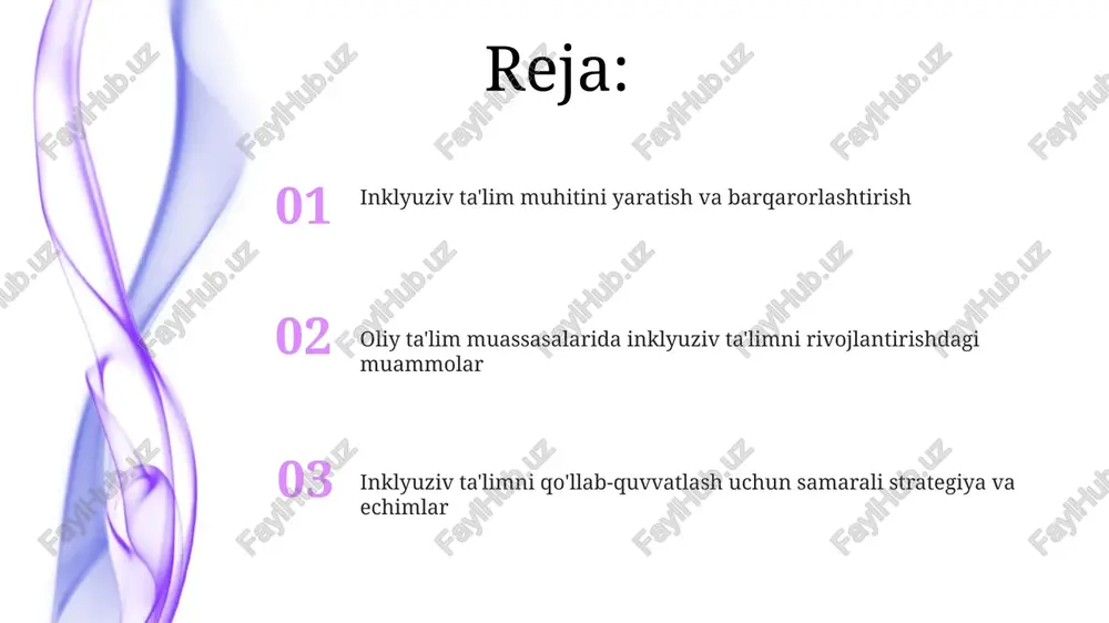 ’lgan va o’qish jarayonida yordam olishda muammolarga duch kelmagan universitetlar inklyuziv ta’limning muvaffaqiyatli namunasi hisoblanadi. talabalar va o'qituvchilarning hamkorligi inklyuziv ta'limda o'qituvchi va talaba hamkorligi samaradorligini baholash uchun 5 ball shkalasidan foydalanish va o'zaro fikr almashuv sessiyalarini muntazam o'tkazish tavsiya etiladi. talabalarning 70% dan ortig'i o'qituvchilar bilan faol hamkorlik qilish orqali o'z bilim va ko'nikmalarini 20% ga oshirganligini ko'rsatuvchi tadqiqotlar mavjud. baholash va monitoring tizimlari samarali monitoring tizimi 80% dan ortiq talabalarning fikr-mulohazalarini o‘z ichiga olib, inklyuziv ta’lim siyosatining amaliyotga tatbiq etilish darajasini aniqlashga yordam beradi. inklyuzivlikni monitoring qilish tizimi ma’lumotlarni yig‘ish, tahlil qilish va hisobot berish jarayonlarini o‘z ichiga olib, yillik kamida 2 marta baholashni nazarda tutadi. oliy ta'lim muassasalarida inklyuziv ta'limning ahamiyati inklyuziv ta'lim yondashuvi ta'lim sifatini 20% ga oshirishi va talabalarning turli xil qobiliyatlarini hisobga olgan holda motivatsiyasi va o'ziga ishonchini kuchaytirishi mumkin, bu esa bitiruvchilarning bozorga raqobatbardoshligini oshiradi. inklyuziv ta'lim muhitini yaratish, masalan, maxsus texnologiyalar va …