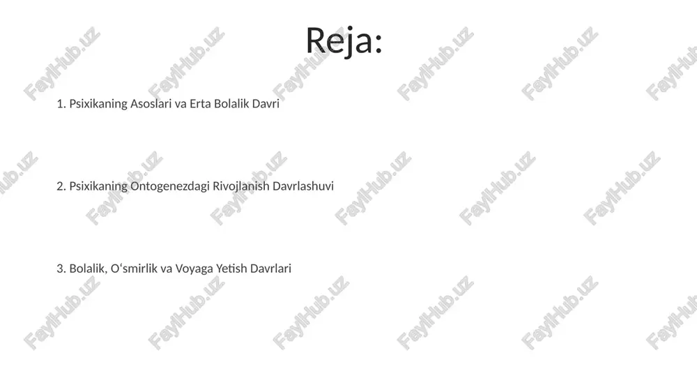 al davr prenatal davrda, taxminan 24-haftadan boshlab, rem uyqusi kuzatiladi, bu miya faoliyatining rivojlanishi va neyrokimyoviy jarayonlarning shakllanishi uchun muhim ahamiyatga ega. homiladorlikning 20-haftasiga kelib, embrionning eshitish va ko'rish organlari rivojlanib, tashqi dunyodan keladigan signallarni qabul qilishga tayyor bo'ladi. bu davrda sensorik tajribalar miya rivojlanishiga kuchli ta'sir ko'rsatadi. psixikaning rivojlanishidagi individual farqlar psixikaning rivojlanishida individual farqlar, bolaning tugʻilishidan 2 yoshgacha boʻlgan davrda sezilarli darajada namoyon boʻladi, bu davrda temperament xususiyatlari va bilish faoliyatining shaxsiy uslublari shakllana boshlaydi. 5-7 yoshlik bolalarda, tafakkurning rivojlanish darajasi va ijtimoiy-emotsional yetuklikka erishish tezligi jihatidan sezilarli individual farqlar kuzatiladi, bu esa oʻquv jarayoniga turlicha taʼsir koʻrsatadi. qarilik davri qarilik davrida miya hajmining taxminan 5% ga kamayishi kuzatiladi, bu esa kognitiv funksiyalar, xususan, xotira va e'tiborning pasayishiga olib kelishi mumkin. qarilik davrida, taxminan 70 yoshdan keyin, uyqusizlik va uyqu buzilishi holatlari kuchayib, uyquning umumiy sifatiga salbiy ta'sir qiladi, bu esa kunduzgi charchoqqa olib keladi. oʻsmirlik davri oʻsmirlik …