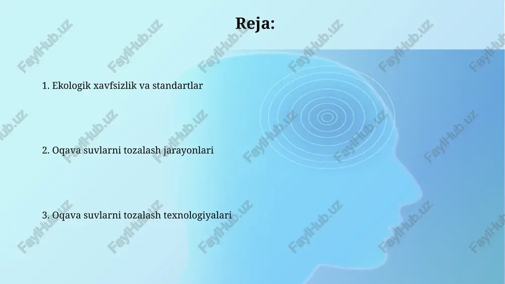 llaridan, shu jumladan membranali filtrlashdan foydalanadi, bu esa 0,1 mikrondan kichik zarrachalarni ham tozalashga imkon beradi. o'rtacha bir kishi kuniga 150 litrgacha suv sarflaydi, shuning uchun tozalangan suvni qayta ishlash suv resurslarini tejashda muhim ahamiyat kasb etadi, bu esa suv taqchilligi muammosini yengishga yordam beradi. jismoniy tozalash usullari jismoniy tozalash jarayonida 90% gacha katta qattiq zarrachalarni, suspenziyalarni va yog'larni filtrlash, cho'ktirish va elash usullari orqali ajratib olish mumkin. tozalangan suvning sifati, jismoniy tozalash samaradorligi ko'rsatkichlari, suspenziya moddalarning konsentratsiyasi va tss (total suspended solids) kabi parametrlar bilan baholanadi. oqava suvlarni tozalash texnologiyalari oqava suvlarni tozalashning ilg‘or oksidlanish usullari (uv, ozonlash) 95% dan ortiq zararli bakteriyalar va viruslarni yo‘q qiladi, bu esa tozalangan suvni qayta ishlatish imkoniyatini oshiradi. anaerobik bakteriyalar yordamida organik moddalarni parchalash jarayoni 90% gacha ch4 va co2 gazlarini hosil qilish bilan kechadi, bu esa biogaz energiyasini olish imkoniyatini beradi. oqava suvlarni tozalashning ahamiyati oqava suvlarni tozalash inson salomatligini himoya …