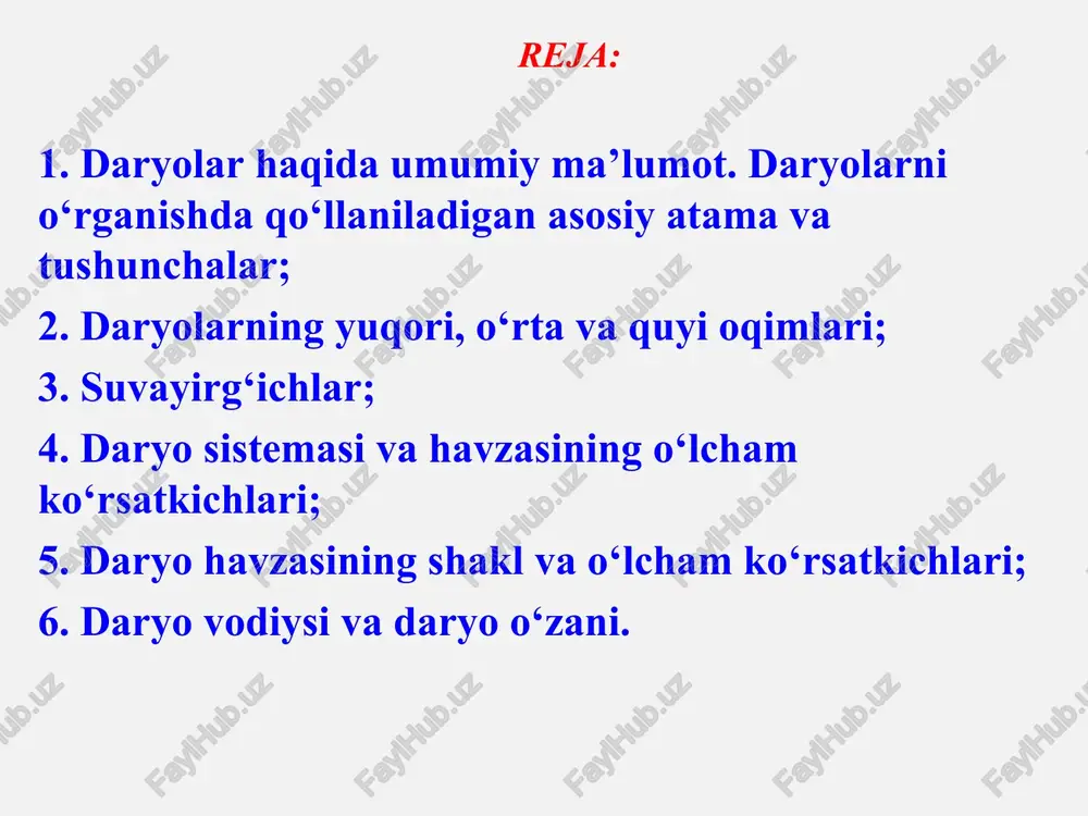 likda daryo sistemasini tashkil etadi. 1-rasm. daryo sistemasi va gidrografik to'r gidrografik to'r. daryo boshi, daryoning yuqori, o'rta va quyi oqimi, quyilishi daryolar ko'pchilik hollarda ko'llardan, buloqlardan, botqoqliklardan, muzliklardan, doimiy qorliklardan boshlanadi. ma'lum bir hududdagi daryolar, ularning irmoqlari, buloqlar, ko'llar, botqoqliklar, muzliklar, doimiy qorliklar shu hududning gidrografik to'rini hosil qiladi. o'zan aniq ko'rinishga ega bo'lgan va doimiy suv oqimi kuzatila boshlanadigan joy daryo boshi deb yuritiladi. agar daryo ikki soyning qo'shilishidan hosil bo'lsa, daryo boshi sifatida ular qo'shilgan joy qabul qilinadi. daryoning uzunligi esa katta irmoq bilan qo'shib hisoblanadi. har qanday daryoni, uning uzunligi bo'yicha, bir-biridan farq qiladigan umumiy belgilariga qarab uch qismga bo'linadi: - yuqori oqim; - o'rta oqim; - quyi oqimlar. tog' daryolarining yuqori oqimlari uchun nisbatan katta nishabliklar xos bo'lib, shu tufayli suvning oqish tezligi ham ancha katta bo'ladi. bu esa, o'z navbatida, o'zanda eroziya jarayonining jadal borishiga olib keladi. daryoning o'rta oqimida uning nishabligi va suvning …