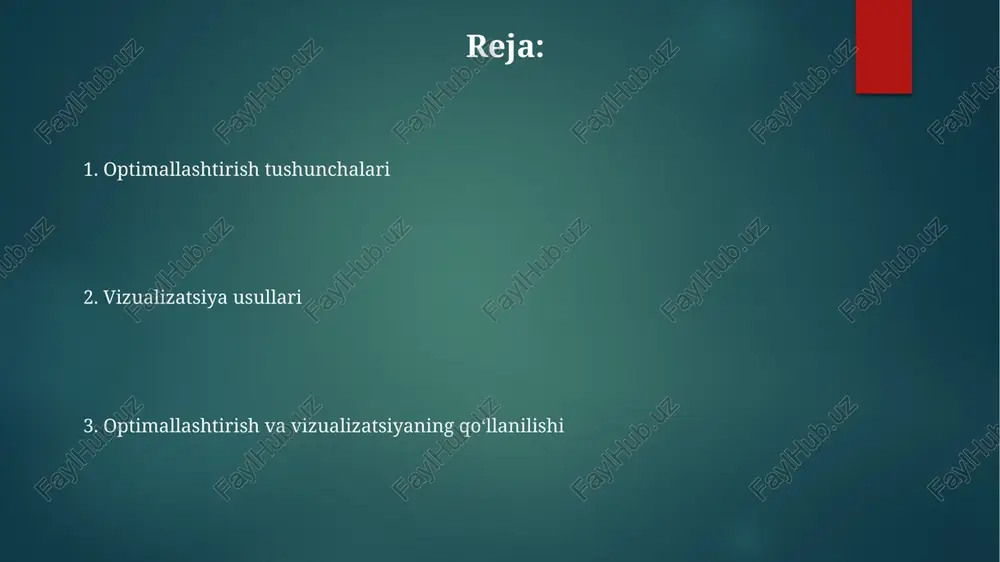 ni hal qilishda genetik algoritmlar kabi evolyutsion hisoblash texnikalari 20% gacha yaxshiroq natijalarga erishishi mumkin, lekin hisoblash vaqtini ko'paytirishi mumkin. noaniq dasturlashda gradient usullari, masalan, 100 iteratsiyadan ortiq davom etadigan, murakkab funksiyalarni optimallashtirishda muhim rol o'ynaydi va tezlikni yaxshilaydi. genetik algoritmlar fitnes funksiyasi yechimlarning sifatini baholaydi va tanlash jarayonida 0 dan 1 gacha bo'lgan qiymatlarni qaytaradi, eng mos yechimlar keyingi avlodga o'tadi. genetik algoritmlar populyatsiyadagi 100 ga yaqin yechimlarni avlodlar orqali takrorlash orqali optimal yechimni topishga harakat qiladi, bu jarayonda mutatsiya va krossover operatorlari qo'llaniladi. genetik algoritmlar murakkab muammolarni, masalan, 1000 ga yaqin o'zgaruvchili optimallashtirish masalalarini yechish uchun qo'llaniladi va parallel hisoblashga mos keladi. optimallashtirish usullari ma'lumotlar tuzilmalarini optimallashtirishda, masalan, 1000 ta elementli massiv o'rniga 10 ta elementli 100 ta massivdan foydalanish xotira sarfini kamaytirishi va tezlikni oshirishi mumkin. dinamik dasturlash yondashuvi orqali, katta hisoblash muammolari kichikroq, bir-biriga bog'liq bo'lgan kichik muammolarga bo'linib, umumiy hisoblash murakkabligini o(n^2) dan o(n log …