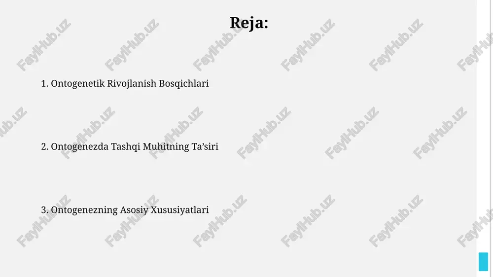 adi va kognitiv funksiyalarni rivojlanishiga olib keladi. nerv sistemasining rivojlanishi epigenetik omillar, ya'ni atrof-muhit ta'siri va genetik ifodalanish o'zgarishlariga juda sezgir bo'lib, bu uning shakllanishiga sezilarli ta'sir ko'rsatadi va turli xil nevrologik kasalliklar xavfini oshirishi mumkin. embrional rivojlanishning xususiyatlari gastrulasyon jarayoni davomida, taxminan 3-haftalik davrda, embrionning uchta germinal qavati – ektoderma, mezoderma va endoderma – oʻzaro ta'sirlashadi va organogenez boshlanadi, bu jarayon davomida asosiy organlar va toʻqimalar shakllanadi. embrional rivojlanishning 8-haftasigacha organogenezning asosiy bosqichlari tugaydi va undan keyin fetogenetik davr boshlanadi. bunda embrionning tashqi ko'rinishi inson shakliga yaqinlashadi va organlarning hajmi va funktsiyasi rivojlanadi. jinsiy etuklik va reproduktiv funksiya reproduktiv funksiyaning boshlanishi, menarxe (qizlarda birinchi hayz ko'rish) va spermarx (o'g'illarda birinchi ejakulyatsiya) bilan belgilanadi, bu esa fertil davrning boshlanishini bildiradi. jinsiy etuklikka erishish, odatda, qizlarda 11-15 yosh, o'g'il bolalarda esa 12-16 yosh oralig'ida sodir bo'ladi va bu gormonal o'zgarishlar bilan birga keladi. qarish va o'lim jarayonlari 85 yoshdan oshgan odamlarda …