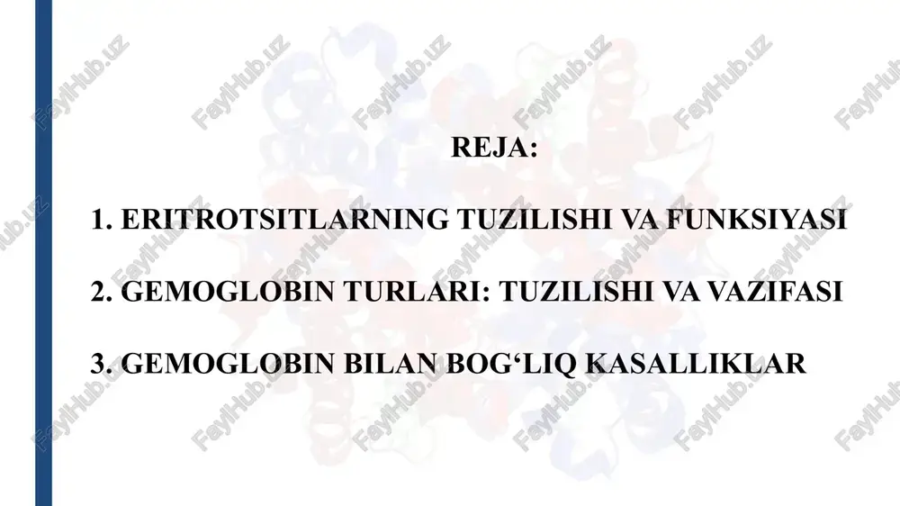 ni “yig‘ib” olib immun tizimga yetkazishi mumkin. yoshi / jinsi normal daraja (%) erkaklar 40 – 52 % ayollar 36 – 48 % homilador ayollar 32 – 42 % bolalar (yoshga qarab) 35 – 49 % yangi tug‘ilgan chaqaloqlar 44 – 64 % gematokritning normal ko‘rsatkichlari: eslatma: aniq ko‘rsatkichlar laboratoriyaga qarab biroz farq qilishi mumkin. gemoglobin gemoglobin nima?  gemoglobin — bu eritrotsitlarda joylashgan temir tutuvchi oqsil bo‘lib, uning asosiy vazifasi kislorod va karbonat angidrid gazlarini tashishdir.  u organizmga kislorod olib boradi va karbonat angidridni chiqarib yuboradi. gemoglobinning tuzilishi  gemoglobin tetramer tuzilishga ega, ya’ni u to‘rtta zanjirdan tashkil topgan: 4 ta globin zanjiri (oqsil qismlar) 4 ta gem guruhi (temir atomini o‘z ichiga oladi)  har bir gem guruhi 1 molekula kislorodni bog‘lashi mumkin, demak 1 gemoglobin molekulasi 4 ta o₂ molekulasini tashiy oladi.  gemoglobin – bu temir (fe) atomiga bogʻlangan globulin zanjiridan tashkil topgan murakkab oqsil …