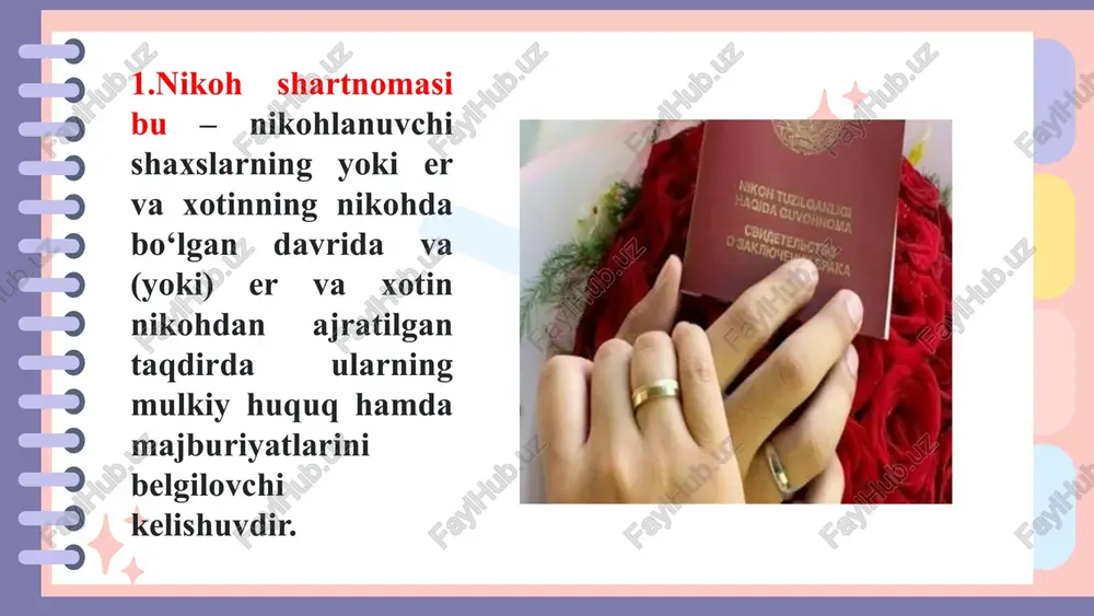 vchilarning iltimosiga koʻra nikoh davlat roʻyxatidan oʻtkaziladigan joydagi tuman, shahar hokimi nikoh yoshini koʻpi bilan bir yilga kamaytirishi mumkin. 76-modda. oila jamiyatning asosiy boʻgʻinidir hamda u jamiyat va davlat muhofazasidadir. nikoh oʻzbekiston xalqining anʼanaviy oilaviy qadriyatlariga, nikohlanuvchilarning ixtiyoriy roziligiga va teng huquqliligiga asoslanadi. davlat oilaning toʻlaqonli rivojlanishi uchun ijtimoiy, iqtisodiy, huquqiy va boshqa shart-sharoitlar yaratadi. nikoh shartnomasining mazmunini quyidagi holatlar tashkil etishi mumkin: – er va xotinning birgalikdagi umumiy mulkining qonunda belgilangan tartibini o‘zgartirish; – er va xotinning barcha mol-mulkiga nisbatan birgalikdagi, ulushli yoki alohida egalik qilish tartibini o‘rnatish; – er va xotin mol-mulkining ayrim turlariga nisbatan birgalikdagi, ulushli yoki alohida egalik qilish tartibini o‘rnatish; – er va xotindan har birining mol-mulkiga nisbatan birgalikdagi, ulushli yoki alohida egalik qilish tartibini o‘rnatish. nikoh shartnomasi nafaqat nikoh davrida, balki hali nikoh davlat ro‘yxatiga olinguniga qadar ham tuziladi. bunda nikohga kirishayotgan shaxslar nikoh shartnomasini nikoh bilan bir vaqtda rasmiylashtirishlari mumkin. agar nikoh shartnomasi …