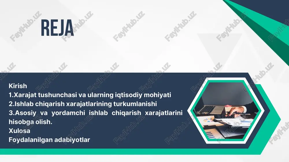 , narx siyosati shunchalik samarali bo‘ladi. - resurslardan foydalanish samaradorligi: xarajatlarni tahlil qilish orqali korxona ortiqcha yoki samarasiz sarflarni aniqlab, ularni optimallashtirish choralarini ko‘radi. - foyda va zarar tahlili: xarajatlar daromad bilan solishtiriladi, bu esa korxonaning moliyaviy natijalarini baholash imkonini beradi. - boshqaruv qarorlarini qabul qilish: xarajatlar tuzilmasi menejerlarga strategik rejalashtirish, investitsiya yo‘nalishlarini tanlash va ishlab chiqarishni takomillashtirishda asos bo‘lib xizmat qiladi. xarajatlar turli mezonlarga ko‘ra tasniflanadi - bevosita xarajatlar: mahsulot ishlab chiqarishga to‘g‘ridan-to‘g‘ri bog‘liq (xomashyo, asosiy ish haqi). - bilvosita xarajatlar: umumiy ishlab chiqarish faoliyatini qo‘llab- quvvatlovchi (energiya, boshqaruv xarajatlari). - o‘zgaruvchan xarajatlar: ishlab chiqarish hajmiga bog‘liq holda o‘zgaradi (materiallar, yoqilg‘i). - doimiy xarajatlar: ishlab chiqarish hajmiga bog‘liq bo‘lmagan, muntazam ravishda yuzaga keladigan (ijara, amortizatsiya). shunday qilib, xarajat tushunchasi nafaqat buxgalteriya hisobi, balki boshqaruv va strategik rejalashtirishda ham muhim o‘rin tutadi. ularni to‘g‘ri tushunish va tahlil qilish korxonaning barqaror rivojlanishiga xizmat qiladi. 2️⃣ ishlab chiqarish xarajatlarining turkumlanishi ishlab chiqarish …