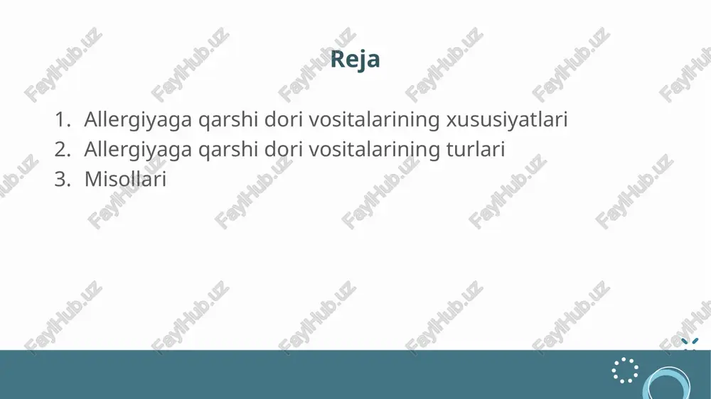 zish davrida faqat shifokor nazorati ostida qo‘llanadi. ‹#› allergiyaga qarshi dorilar quyidagi farmasevtik shakllarda ishlab chiqariladi: mazlar; tabletkalar; tomchilar; spreylar; ingalyatorlar; inyeksiya uchun eritmalar; kukunlar; kapsulalar; ‹#› suprastinex qo‘llanilishi: allergik rinit, kon’yunktivit, pollinoz (gul changiga allergiya), eshakemi (urtikariya), allergik dermatitlarda. tarkibi: levotsitirizin – zamonaviy antihistamin preparat. ta’sir mexanizmi: gistamin retseptorlarini bloklab, allergik belgilarning kamayishiga yordam beradi. shakli: tabletkalar va bolalar uchun tomchilar. afzalliklari: uyqu chaqirmaydi, uzoq ta’sir qiladi. eslatma: faqat shifokor tavsiyasi bilan qo‘llaniladi. ‹#› avicet qo‘llanilishi: burun bitishi, ko‘z yoshlanishi, teri toshmalari va boshqa allergik belgilarni kamaytiradi. ta’sir mexanizmi: gistamin retseptorlarini bloklaydi. shakli: tabletkalar, sirop ko‘rinishida mavjud. izoh: hududiy bozorda mavjud antiallergik dori sifatida keltirilgan ‹#› foydalanilgan adabiyotlar https://pharmaclick.uz/ ‹#› e'tiboringiz uchun rahmat ‹#› /docprops/thumbnail.jpeg