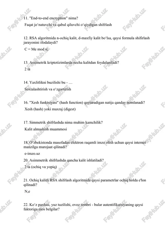 ya) nima? ma'lumotni maxsus kodga aylantirish 24. gost r 34.10-94 standarti qaysi davlat standarti hisoblanadi? rossiya 25. rsa algoritmida p=3, q=11, e=3 bo‘lganda maxfiy kalitni qiymati topilsin: e*d=1 mod 𝜑(n)? 7 26. ochiq kalitli el-gamal shifrlash algoritmi qanday matematik murakkablikka asoslanadi? diskret logarifmlash murakkabligiga 27. sonning o‘zi va uning modul multiplikativ teskarisining ko‘paytmasi nechaga teng 1 29. ochiq kalitli rsa shifrlash algoritmida "d" shaxsiy kalit, “e” ochiq kalit bo‘lsa shifrlash formulasi to‘g‘ri ko‘rsatilgan qatorni belgilang? c=m^e (mod n) 30. faktorlash muammosini bartaraf etuvchi usul keltirilgan qatorni ko‘rsating? pollard usuli 1. "brute-force" hujumi nima? barcha mumkin bo‘lgan kalitlarni sinab ko‘rish 2. axborot qanday sifatlarga ega bo‘lishi kerak? ishonchli, qimmatli va to‘liq 3. quyidagi parollarning qaysi biri “bardoshli parol”ga kiradi? knx1@8&h 4. "diffie-hellman" protokoli nima uchun mo‘ljallangan? kalit almashish 5. ochiq kalitli kriptotizimlarda qaysi kalit orqali ma'lumot shifrlanadi? ochiq kalit orqali 6. ikkilik sanoq tizimida berilgan 10111 sonini o‘nlik sanoq tizimiga o‘tkazing. …