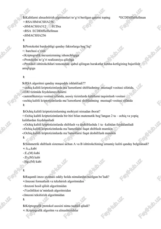okolni bardoshligi qanday faktorlarga bog’liq? +: barchasi o’rinli -:kriptografik mexanizmning ishonchligiga -:protokolni to’g’ri realizatsiya qilishga -:protokol ishtirokchilari tomonidan qabul qilingan harakatlar ketma-ketligining bajarilish aniqligiga i: s:rsa algoritmi qanday maqsadda ishlatiliadi?? +:ochiq kalitli kriptotizimlarda ma’lumotlarni shifrlashning mustaqil vositasi sifatida, -:eri tizimida foydalanuvchilarni -:autenfikatsiya vositasi sifatida, asosiy tizimlarda kalitlarni taqsimlash vositasi -:ochiq kalitli kriptotizimlarda ma’lumotlarni shifrlashning mustaqil vositasi sifatida i: s:ochiq kalitli kriptotizimlarning mohiyati nimadan iborat? +:ochiq kalitli kriptotizimlarda bir-biri bilan matematik bog’langan 2 ta – ochiq va yopiq kalitlardan foydalaniladi -:ochiq kalitli kriptotizimlarda shifrlash va deshifrlashda 1 ta –kalitdan foydalaniladi -:ochiq kalitli kriptotizimlarda ma’lumotlarni faqat shifrlash mumkin -:ochiq kalitli kriptotizimlarda ma’lumotlarni faqat deshifrlash mumkin i: s:simmetrik shifrlash sistemasi uchun a va b ishtirokchining umumiy kaliti qanday belgilanadi? +: kab kabi -:ea(m) kabi -:da(m) kabi -:siga(m) kabi i: s:raqamli imzo sxemasi oddiy holda nimalardan tuzilgan bo’ladi? +:imzoni formatlash va tekshirish algoritmidan -:imzoni hosil qilish algoritmidan -:yaxlitlikni ta’minlash algoritmidan -:imzoni tekshirish algoritmidan i: …