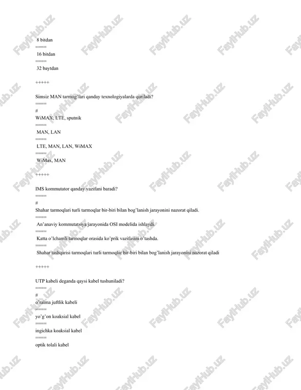 ash va deskrembrlash analog signallarni raqamli kodga o’zgartirish ==== analog signallarni raqamli kodga o’zgartirish +++++ keltirilgan qurilmalarning qaysi biri dce bo’ladi? ==== # modem ==== marshrutizator ==== kompyuter ==== klaviatura +++++ keltirilgan qurilmalarning qaysi biri dte bo’ladi? ==== # kompyuter va marshrutizator ==== modem ==== aloqa chiziqlari ==== kabellar +++++ keltirilgan protokollarning qaysilari fizik sath protokollariga mansub? ==== # 10base-t, 100base-t ==== tcp,udp ==== ip, ipx ==== nfs, ftp +++++ keltirilgan protokollarning qaysilari taqdimlash sathi protokollariga mansub? ==== # snmp, telnet ==== ip, ipx ==== ethernet, fddi ==== tcp,udp +++++ keltirilgan protokollarning qaysilari saenslar sathi protokollariga mansub? ==== # rpc, wsp ==== ip, ipx ==== ethernet, fddi ==== tcp,udp +++++ 512 ta bog’lamli tarmoqosti tarmoq maskasi qanday qiymatga ega? ==== # 255.255.254.0 ==== 255.0.0.0 ==== 255.255.0.0 ==== 255.255.240.0 +++++ internet tarmog’ida kommutatsiyalashning qaysi xili ishlatiladi? ==== # paketlarni kommutatsiyalash ==== kanallarni kommutatsiyalash ==== xabarlarni kommutatsiyalash ==== alohida ajratilgan kanallarni kommutatsiyalash …