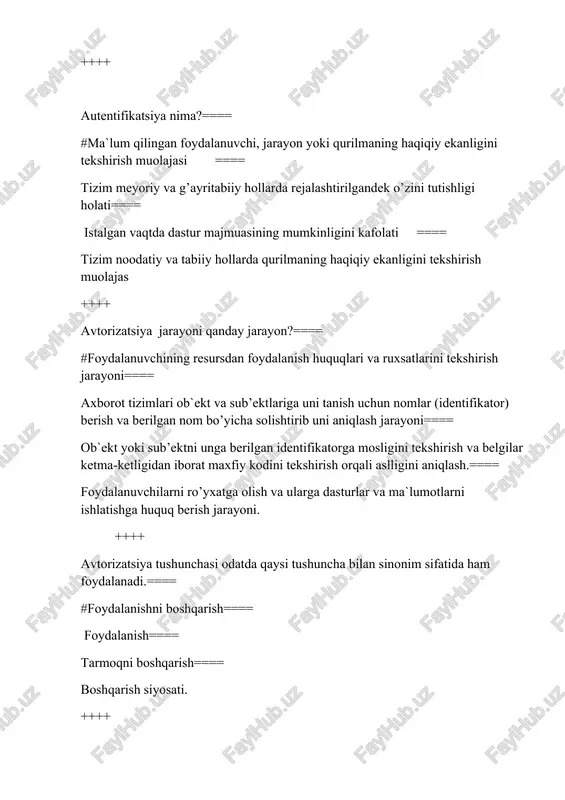 ni tekshirish orqali aslligini aniqlash.==== foydalanuvchilarni ro’yxatga olish va ularga dasturlar va ma`lumotlarni ishlatishga huquq berish jarayoni. ++++ avtorizatsiya tushunchasi odatda qaysi tushuncha bilan sinonim sifatida ham foydalanadi.==== #foydalanishni boshqarish==== foydalanish==== tarmoqni boshqarish==== boshqarish siyosati. ++++ axborot himoyasi nuqtai nazaridan kompyuter tarmoqlarini nechta turga ajratish mumkin?==== #korporativ va umumfoydalanuvchi==== regional, korporativ==== lokal, global==== shaharlararo, lokal, global. ++++ axborot tizimi tarkibidagi elektron shakldagi axborot, ma`lumotlar banki, ma`lumotlar bazasi nima deb ataladi? ==== #axborot resursi ==== axborot xavfsizligi==== ma'lumotlar bazasi==== axborot tizimlari. ++++ axborot xavfsizligi boshqaruv tizimida "aktiv" so'zi nimani anglatadi?==== #axborot xavfsizligida tashkilot uchun qimmatbaho bo’lgan va himoyalanishi lozim bo’lgan narsalar==== tashkilot va uning akt doirasida aktivlarni shu jumladan, kritik axborotni boshqarish, himoyalash va taqsimlashni belgilovchi qoidalar, ko’rsatmalar, amaliyot.==== hisoblash tizimi xizmatlaridan foydalanish huquqiga ega shaxs (shaxslar guruxi, tashkilot).==== ma’lumotlarni va axborotni yaratish, uzatish, ishlash, tarqatish, saqlash va/yoki boshqarishga va hisoblashlarni amalga oshirishga mo‘ljallangan dasturiy va apparat vositalar. ++++ axborot xavfsizligi …
