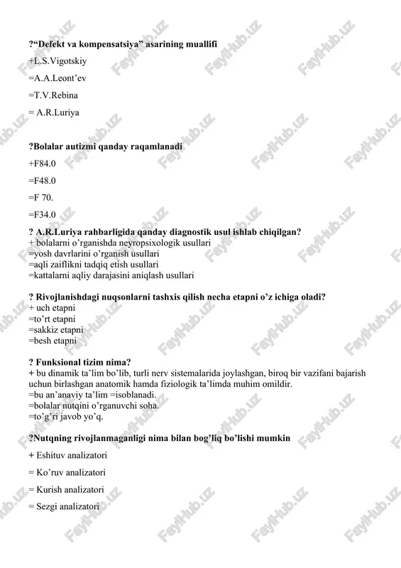 q rivojlanishining orqada qolish sababi + analizatorlarning to’liq rivojlanmaganligi = nutq rivojlanishiga hech nima halaqit bermaydi = analizatorlarning sekin rivojlanishi = analizatorlarning sekin va noto’liq rivojlanishi ?aqli zaif bolalarda nisbatan saqlangan tafakkur turi + ko’rgazmali-harakat = mantiqiy = ko’rgazmali-obrazli = obrazli xarakat ?bolalar tafakkurining rivojlanishida qanday malaka va ko’nikmalar yetishmaydi + o’yin tajribasining chegarasining chegaralanganligi, nutqning yaxshi rivojlanmaganligi, ko’rgazmali va eshituv tasavvurlarining kambag’alligi = ko’rgazmali va eshituv tasavvurlarining kambag’alligi = o’yin tajribasining chegarasining chegaralanganligi, nutqning yaxshi rivojlanmaganligi = predmetli harakatlar bilan yaxshi tanish emasligi ?analiz va sintez malakalari xususiyatlarini aniqlash uchun qaysi uslubiyatdan foydalaniladi + tushunchalar orasida o’xshashlikni topish = raqamlarni qaytarish = dembo-rubinshteyn = voqealar ketma-ketligi ?yordamchi maktab kontingentini necha guruhga bo‘lish mumkin? +2 guruhga; =3 guruhga; =4 guruhga; =5 guruhga. ?qaysi uslubiyat bilan aqli zaif bolalarning ko‘rgazma, harakat, tafakkurini tekshirish mumkin + segen doskasi = syujetli rasmlar = klinets = koss metodikasi ?sezgi va idrok tushunchalariga izoh bering …