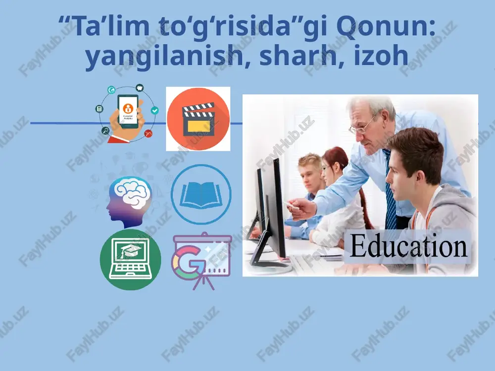 uvchilarning, ular ota-onasining hamda boshqa qonuniy vakillarining huquq va majburiyatlari 7-bob. ta’lim-tarbiya jarayoni ishtirokchilarini ijtimoiy himoya qilish. 8-bob. nodavlat ta’lim tashkilotlari faoliyatini litsenziyalash, ta’lim tashkilotlarini attestatsiyadan va davlat akkreditasiyasidan o‘tkazish. xorijiy davlatda olingan ta’lim to’g’ridagi hujjatni tan olish, ta’lim sohasidagi hujjatlarga apostil qo’yish. 9-bob. ta’limni moliyalashtirish va davlat tomonidan qo‘llab-quvvatlash. 10-bob. ta’lim sohasidagi xalqaro hamkorlik. 11-bob. yakunlovchi qoidalar. ustuvorlik va izoh bugungi o‘zgaruvchan davr talabiga javob bera oladigan qonunning ahamiyatli jihatlari – mazmunan uzviyligida va yaxlitligida 4-modda 15-modda 19-modda insonning butun hayoti davomida ta’lim olishi dual ta’lim; katta yoshdagilarni o‘qitish va ularga ta’lim berish. katta yoshdagilarni o‘qitish va ularga ta’lim berish butun umr davomida o‘qitishning markaziy tarkibiy qismi bo‘lib,.....rasmiy, norasmiy, va informal o‘qitish jarayonlarining butun majmuini qamrab oladi ustuvorlik va izoh bugungi o‘zgaruvchan davr talabiga javob bera oladigan qonunning ahamiyatli jihatlari – mazmunan uzviyligida va yaxlitligida 5-modda 35-modda 46-modda ta’lim tashkilotlarida innovatsion faoliyatni qo‘llab-quvvatlash va o‘quv dasturlarini innovatsion texnologiyalarni qo‘llagan …