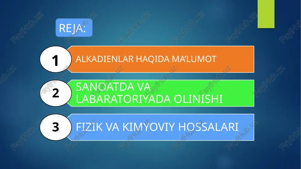 bi ma’lum tartibda o‘zgaradi. izopren — suyuqlik, qaynash harorati — 34,1°c, suyuqlanish harorati esa — 146,0°c. dimetilbutadiyen ham suyuqlik, qaynash harorati — 68,8°c, suyuqlanish harorati — 76°c. kimyoviy xossalari. konyugirlangan diyen uglevodorodlar kimyoviy xossalari bilan alkenlarga o‘xshasa ham, ayrim jihatlari bilan farqlanadi. ular uchun 1,2 va 1,4-birikish reaksiyalari xos hisoblanadi. birikish mahsulotlarining hosil bo‘lish nisbati alkadiyenning tuzilishi, reaksiya sharoiti, erituvchining va reaksiyaga kirishuvchi reagentlar tabiati bilan belgilanadi. galogenlarning birikishi: vodorod galogenidlarning birikishi: laboratoriya ishlari tabiiy kauchukni termik parchalab izopren olish 0,5 g kauchuk probirkaga solinadi va probirkaning og‘zi gaz o‘tkazgich nay o‘rnatilgan tiqin bilan berkitilib, gaz o‘tkazgich nayning ikkinchi uchi ikkinchi probirkaga solib qo‘yiladi. kauchuk solingan probirka qizdiriladi, natijada u parchalanadi va hosil bo‘lgan izopren ikkinchi probirkada yig‘iladi izoprenning kaliy permanganat eritmasi va bromli suv bilan ta’sirlanishi ikkinchi probirkada yig‘ilgan izopren 6 ml xloroformda eritilib, ikkita probirkaga bo‘linadi. birinchi probirkaga kaliy permanganat eritmasidan 2 ml, ikkinchi probirkaga bromli suvdan 2 …