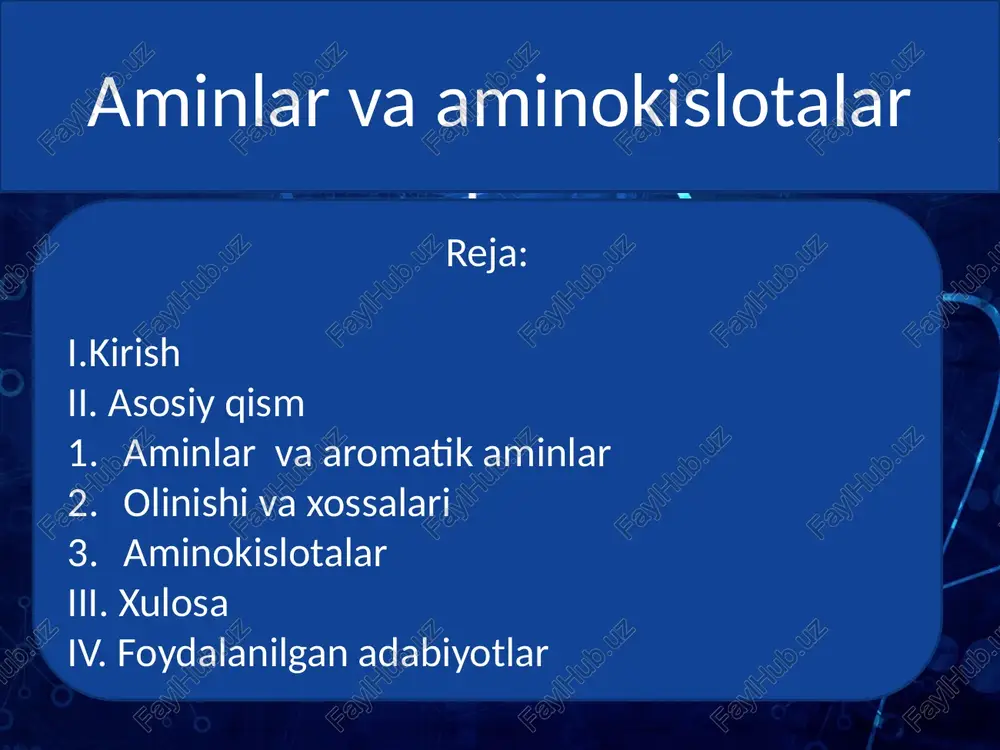 qishdan kelib chiqadi. sistematik nomenklatura bo‘yicha aminlar nomi uglevodorodlar nomi oldiga “amino” so‘zi qo‘shiladi va –nh2 aminogruppa yaqin joylashgan uglerod atomi tomonidan raqamlanish boshlanadi. bir xil radikalli simmetrik aminlarni nomlaganda, ikkilamchi va uchlamchi aminlar radikal nomiga di-, tri- prefikslarini qo‘shib nomlanadi: hn(c2h5)2-dietilamin, (ch3)3n-trimetilamin. trimetilamin aminlarda uglevodorod zanjirining struktur izomeriyasi va amino guruhning holat izomeriyasi kuzatiladi. olinish usullari: nitrobirikmalarni vodorod atomlari bilan katalizator ishtirokida qaytarilganda aminlar hosil bo‘ladi: c2h5no2 + 3h2 c2h5nh2 + 2h2o nitroetan etilamin aminlarning dastlabki vakillari – metilamin, dimetilamin va trimetilamin gaz, qolganlari suyuqlik bo‘lib, yuqori molekulaga ega bo‘lganlari esa qattiq moddalardir. fizik xossalari. metilamin kimyoviy xossalari. 1. tuz hosil qilishi: aminlarga kislotalar ta’sir ettirib tuzlar olinadi. bu reaksiyada vodorod ioni azot atomidagi bir juft erkin elektronlarga birikib, musbat zaryadli ammoniy ionini hosil qiladi: ch3nh2 + hcl ch3nh2 hcl 2. aminlar havoda yonadi. yonish mahsulotlari sifatida co2 va h2o dan tashqari n2 molekulasini ham hosil qiladi. 4ch3nh2 + …