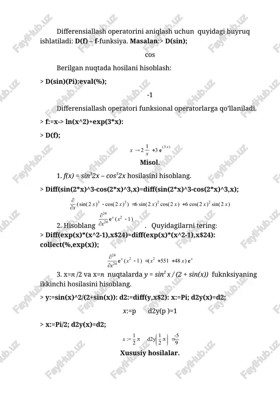 n1,x2$n2,…, xm$nm), bu yerda x1,…, xm – differensiallash amalga oshiriladigan o’zgaruvchilar, $ belgidan keyin mos differensiallash tartibi ko’rsatilgan. masalan, xususiy hosila quyidagicha yoziladi: diff(f,x,y). misol 1. funksiya uchun ni toping. > f:=arctan(x/y): diff(f,x)=simplify(diff(f,x)); > diff(f,y)=simplify(diff(f,y)); 2. funksiyaning 2-tartibli barcha xususiy hosilasini toping. > restart; f:=(x-y)/(x+y): > diff(f,x$2)=simplify(diff(f,x$2)); > diff(f,y$2)=simplify(diff(f,y$2)); > diff(f,x,y)=diff(f,x,y); mustaqil topshiriqlar 1-topshiriq ixtiyoriy nuqtada funksiya hosilasini toping. 1. 5. 9. 2. 6. 10. 3. 7. 11. 4. 8. 12. 2-topshiriq y=f(x) funksiya berilgan. x=x0 nuqtada funksiya grafigi va unga urinmani yasang. urinma tenglamasi: y = f(x0)(x-x0) + f(x0). 1. 6. , x0=π∕6 2. , x0 =2 7. , x0 =-1 3. , x0 =e 8. , x0=-π/2 4. , x0 =-1 9. , x0=3 5. , x0 =1 10. , x0=-2 3-topshiriq hisoblang 1. 6. 2. 7. 3. 8. 4. 9. 5. 10. 4-topshiriq hisoblang 1. 6. 2. 7. 3. 8. 4. 9. 5. 10. integrallash. analitik va …