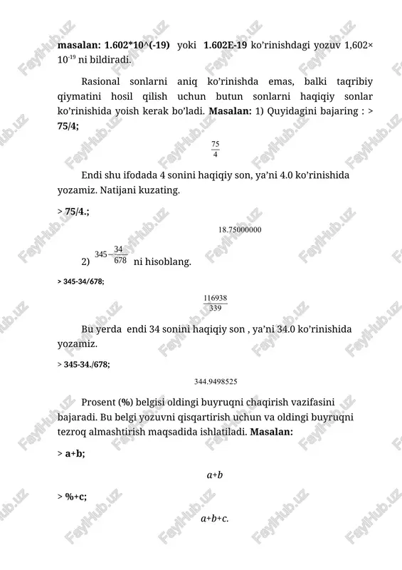 yerda endi 34 sonini haqiqiy son , ya’ni 34.0 ko’rinishida yozamiz. > 345-34./678; prosent (%) belgisi oldingi buyruqni chaqirish vazifasini bajaradi. bu belgi yozuvni qisqartirish uchun va oldingi buyruqni tezroq almashtirish maqsadida ishlatiladi. masalan: > a+b; a+b > %+c; a+b+c. arifmetik ifodalarni hisoblash maple muhitida arifmetik ifodalarni yozish va ularning qiymatlarini hisoblash ham mumkin. arifmetik ifodalarni belgilash va ularni qiymatini berish uchun o’zqaruvchilardan foydalaniladi. maple muhitida o’zgaruvchilar turi butun (integet), rasional (rational), haqiqiy (real), kompleks (complex ) yoki satrli (string) bo’lishi mumkin. o’zgaruvchilarga nom beriladi. o’zgaruvchilar nomi harflar, belgilar va raqamlar ketma-ketligidan iborat bo’lib, har doim harflardan boshlanishi lozim. nom 524275 ta belgidan oshib ketmasligi kerak. masalan: ab, tenglama, y11, var_1, xmin, ymax va boshqalar. > a:=123; b:= ‘salom’ a:=123; b:= salom o’zgaruvchi nomi sifatida xizmatchi so’zlardan foydalanib bo’lmaydi. o’zgaruvchilarga qiymat berish uchun : = belgisi ishlatiladi. masalan: n:=3; x:=234.568; y:=17/19; d:= ‘salom’; w:=2*pi/3; v:= 1,2,3; m:= 1,2,3.4,5,6 masalan: a) …