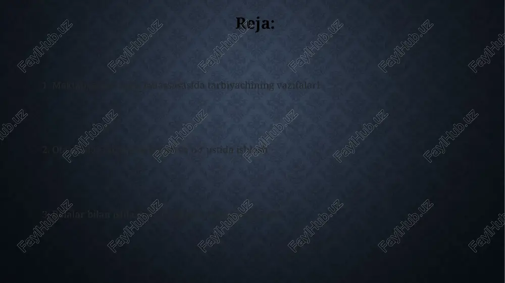 ota-onalar bilan bolaning taraqqiyoti bo'yicha ma'lumotlarni o'z ichiga olgan yozma hisobotlarni tayyorlash va taqdim etish zarur. xavfsizlik texnikasi qoidalariga rioya qilish bolalar soniga mos ravishda kamida 2 nafar tarbiyachi boʻlishi va ularning har biri kamida 10 nafar bolani kuzatish imkoniyatiga ega boʻlishi zarur, xavfsizlikni ta’minlash uchun. har bir bolaning jismoniy va psixologik xavfsizligini ta’minlash uchun kamida 2 martadan sogʻliqni saqlash tekshiruvlaridan oʻtish va birinchi tibbiy yordam koʻrsatish boʻyicha malakaga ega boʻlish muhimdir. yongʻin xavfsizligi boʻyicha koʻrsatmalarga amal qilish, yongʻin chiqishi ehtimoliga qarshi kamida 2 ta yongʻin oʻchirgich va evakuatsiya rejasi mavjudligi majburiy hisoblanadi. jamoada ishlash maktabgacha ta'lim muassasasida kamida 3 nafar pedagog bilan samarali jamoada ishlash, ularning o'rtasida ma'lumot almashish va qo'shma loyihalar ustida ishlashni o'z ichiga oladi. jamoada ishlash jarayonida har bir pedagog kamida oyiga 2 marta pedagogik kengashlarda ishtirok etib, o'z tajribasini baham ko'rishi va muhokama qilishi kerak. bolalar rivojlanishi bo'yicha 5 ta asosiy ko'rsatkichni kuzatish va tahlil …