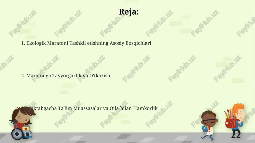 onalar o'rtasida birgalikdagi ekologik faoliyatni rivojlantirish, jamoaviy ishlarga jalb qilish, kamida 10 ta turli ekologik loyihalarni amalga oshirishdir. maraton dasturi va tadbirlar rejasi qatnashchilar soni 100 nafardan oshganda, guruhlar soni 5 ga bo'linib, har bir guruhga 2 nafar o'qituvchi va 1 nafar ko'ngilli yordamchi biriktiriladi, vaqtni belgilash va hisoblash uchun elektron hisoblagichlar ishlatiladi. tadbirni o'tkazish uchun moliyaviy rejada ekologik jihatdan toza materiallar (qog'oz, yog'och) xaridiga 20% , sovrinlarga 15% va tibbiy xizmatga 10% ajratiladi. maraton yo'nalishlari 3-5 yoshli bolalar uchun 500 metrdan oshmasligi, xavfsizlik choralari (tibbiy xodimlar soni kamida 3 nafar) va o'yin elementlarini o'z ichiga olishi kerak. ekologik maratonga tayyorgarlik maratonning muvaffaqiyatli o'tishi uchun kamida 10 nafar o'qituvchi va 20 nafar ota-onaning faol ishtiroki, shuningdek, ekologik jihatdan toza transport vositalaridan foydalanish muhim ahamiyatga ega. har bir ishtirokchi uchun ekologik bilimlarini oshirish maqsadida 15 ta savoldan iborat test va 10 ta amaliy topshiriqdan iborat maxsus dastur ishlab chiqilishi kerak. ekologik …