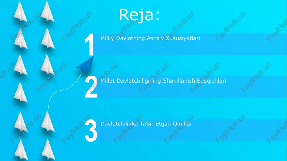 bosqichi, qabilalararo birlashuvlar va proto-davlat tuzilmalarining paydo boʻlishi bilan, taxminan miloddan avvalgi 3-2 ming yilliklarga toʻgʻri keladi. markaziy osiyoda oʻrta asrlardagi davlatchilikning shakllanishida, 5-8 asrlarda turkiy xalqlarning keng koʻlamli migratsiyasi va katta imperiyalar – turk xoqonligi kabi tuzilmalar muhim rol oʻynadi. 19-asr oxiri va 20-asr boshlarida milliy ozodlik harakatlari va mustaqillik uchun kurash, milliy davlatchilikning shakllanishi uchun muhim omil boʻlib xizmat qildi, bu jarayonlar natijasida yangi davlatlar paydo bo'ldi. e'tiboringiz uchun rahmat @taqdimot_robot image1.jpeg image2.jpeg image3.jpeg image4.jpeg