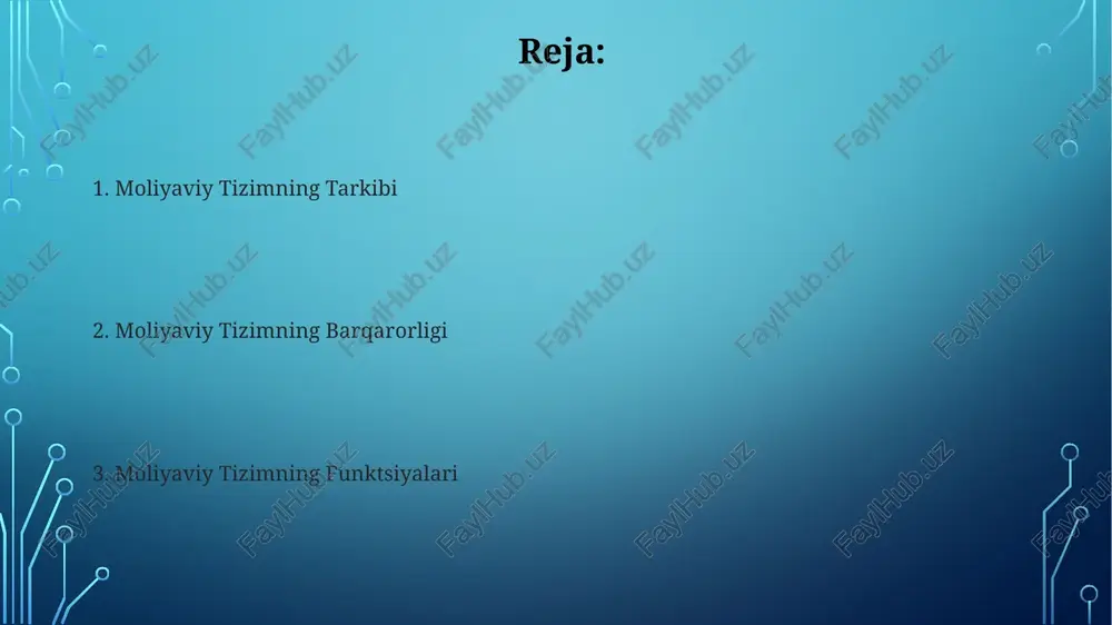 onidan amalga oshiriladi. markaziy bankning vazifalari markaziy bank tijorat banklariga majburiy zaxira talabini belgilaydi, bu esa bank tizimining barqarorligini ta'minlash va kreditlash hajmini boshqarishga yordam beradi. masalan, 10% lik majburiy zaxira koeffitsiyenti. markaziy bank inflyatsiyani 5% atrofida saqlashga, pul-kredit siyosati vositalari orqali yalpi ichki mahsulotning o'sishini 6-7% darajasida ushlab turishga harakat qiladi. moliyaviy xavflar va ularni boshqarish moliyaviy xavflarni boshqarishda diversifikatsiya, kamida 5 turdagi aktivlarga investitsiya qilish orqali, portfelning volatillığını 20% gacha kamaytirishi mumkin. valyuta kursi o'zgarishi tufayli yuzaga keladigan xavflarni 50% gacha kamaytirish uchun valyuta qiymatini himoya qiluvchi vositalar, masalan, valyuta opsionlari yoki fyucherlari ishlatilishi mumkin. kredit instituti va ularning roli kredit institutlari, ya'ni banklar va boshqa moliyaviy vositachilar, milliy yalpi mahsulotning 70% dan ortig'ini moliyalashtiradi va iqtisodiy o'sishni qo'llab-quvvatlaydi. markaziy bankning qayta moliyalashtirish stavkasini o'zgartirish orqali, kredit institutlari o'z mijozlariga beriladigan kreditlarning foiz stavkalarini tartibga soladi va inflyatsiyani nazorat qiladi. qimmatli qog'ozlar bozori qimmatli qog'ozlar bozorida 2023-yilda o'rtacha …