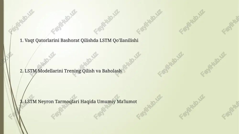 an ortiq davom etadigan davolanishni oldindan aytib berdi. sanoatdagi energiya iste’molini bashorat qilishda lstm modeliga asoslangan tizim 20% ga yaqin xatolik bilan 7 kun oldindan prognoz bera oldi. savol-javoblar oddiy rnn lar bilan solishtirganda, lstm'lar uzoq muddatli bog'liqliklarni (10 dan ortiq vaqt qadamlarini) aniqlashda sezilarli darajada yuqori aniqlikka ega. lstm tarmoqlari yordamida vaqt seriyalarini bashorat qilishda, ma'lumotlarning 90% gacha bo'lgan qismini o'qitish to'plamiga ajratish tavsiya etiladi, qolgan 10% esa sinov to'plamiga. modelni qurish maʼlumotlar oldindan qayta ishlanadi: standartlashtiriladi va 50 ta vaqt qadamidan iborat ketma-ketliklarga boʻlinadi. lstm modeli 100 ta yashirin qatlam va 32 ta hujayradan iborat boʻlib, adam optimizatsiyasi bilan 100 epoxa davomida oʻqitiladi. validatsiya va testlash test to'plamining rmse (root mean squared error) va mae (mean absolute error) kabi metriklari modelning aniqligini baholashda muhim rol o'ynaydi; 0.1 dan past qiymatlar yuqori aniqlikni bildiradi. validatsiya davrida "early stopping" texnikasini qo'llash orqali overfittingni oldini olish va optimal iteratsiya sonini aniqlash …