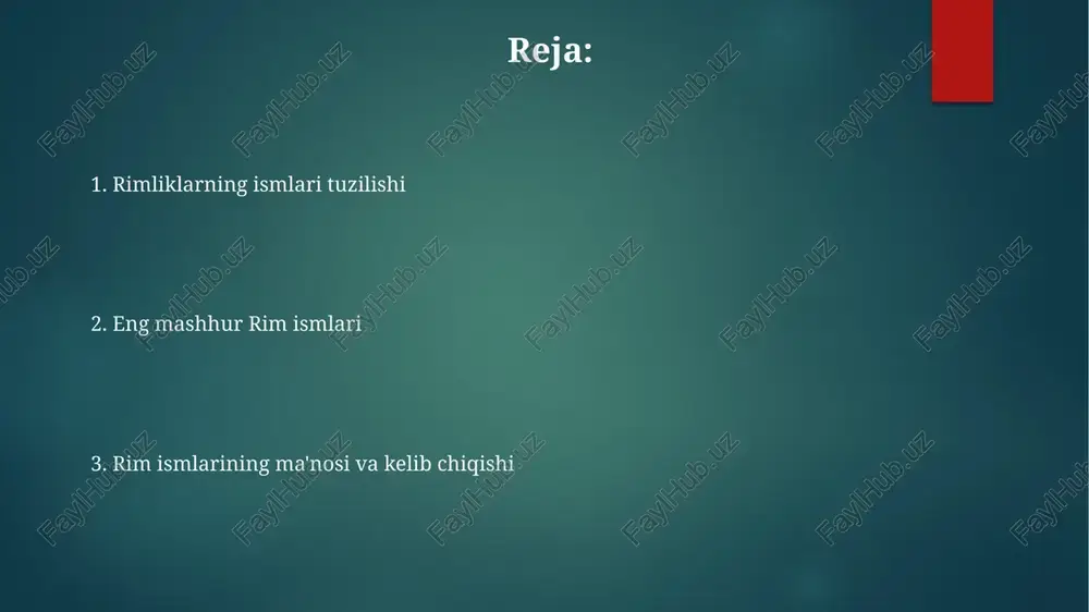 ni yanada chuqurroq tushunishga yordam beradi. rimliklarning ismlarida uchraydigan qisqartmalar soni, masalan, “m. aurelius”dagi “m.” qisqartmasi marcus degan ismga ishora qiladi va bu nomlarning grammatik jihatlarini o'rganishda muhim ahamiyatga ega. rim imperiyasi davrida ismlarga qo'shilgan 2-3 ta qo'shimcha nomlarning qisqartmalari (nomen, cognomen, agnomen) ko'pincha yozuvlarda uchrab, shaxslarni aniqlashda yordam beradi. rimliklarning ismlarining tuzilishi rimliklarning ismlari odatda uch qismdan iborat bo'lib, nomen (shaxsiy ism), cognomen (oilaviy ism) va agnomen (qo'shimcha ism, ba'zan harbiy yutuqlar yoki ajralib turish xususiyatlari uchun berilgan)ni o'z ichiga olgan. praenomen (shaxsiy ism) rim jamiyatida kamroq farqlanadigan bo'lsa-da, taxminan 20 ta keng tarqalgan praenomen mavjud bo'lib, ular odatda qisqartirilgan holda yozilgan. cognomen, oilaviy ism, rim jamiyatida juda muhim rol o'ynagan va avlodlar davomida meros bo'lib o'tgan, ba'zan raqamlar yoki qo'shimchalar orqali farqlanadigan bir necha shoxlarga bo'linishi mumkin edi. nomen: gens nomi rim jamiyatida "nomen" shaxsning ijtimoiy mavqeini belgilashda muhim rol o'ynagan va oila a'zolarini birlashtiruvchi muhim element bo'lib …