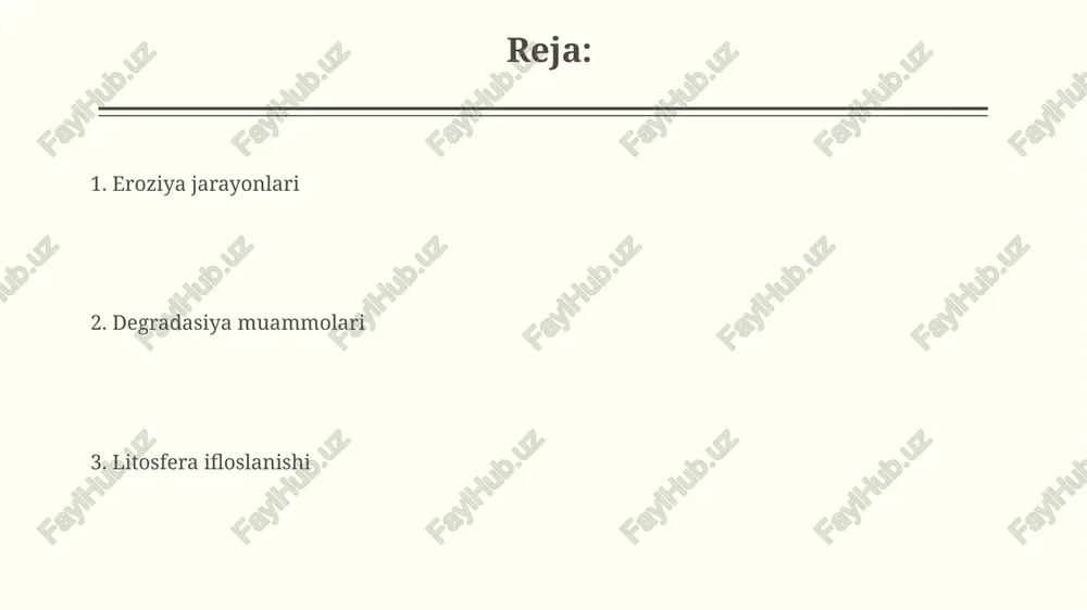 gnitometriya yordamida litoshferaning chuqurlikdagi ifloslanish darajasi 5-15 metrgacha aniqlanadi. litoshfera ifloslanishini monitoring qilishda, 100 dan ortiq turdagi og'ir metallarning kontsentratsiyasi tahlili, tuproq namunalarining spektroskopik tahlili orqali amalga oshiriladi. tabiiy omillar va ularning roli tabiiy omillar, jumladan, yomg'ir eroziyasi, yiliga o'rtacha 1-3 sm tuproq qatlami yo'qotilishiga olib kelishi mumkin, bu esa litosferaning degradasiyasiga sezilarli ta'sir ko'rsatadi. yer silkinishlari kabi tektonik hodisalar litosferaning yirik bo'laklarini siljitishi va yoriqlar hosil qilishi, natijada er yuzasining 1000 kv.km dan ortiq maydonlarida ifloslanish va degradatsiyaga olib kelishi mumkin. muhofaza choralari va oldini olish yer qobig'ining ifloslanishiga qarshi 50% ga yaqin samaradorlik ko'rsatkichiga ega bo'lgan biologik usullarni qo'llash orqali tuproq unumdorligini saqlash mumkin. degradasiyani oldini olishda, yillik o'rtacha 15 mm dan ortiq bo'lgan yomg'ir yog'ishi sharoitida suv to'plash tizimlarini o'rnatish muhim ahamiyat kasb etadi. e'tiboringiz uchun rahmat @taqdimot_robot image2.jpg image3.jpg image4.jpg image5.jpg image6.jpg image7.jpg image8.jpg
