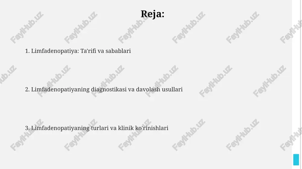 dorilar, masalan, 200-400 mg dozada ibuprofen, buyuriladi. limfadenopatiya sababini aniqlash va uni yo'qotishga qaratilgan davolash usullari qo'llaniladi, masalan, infektsiyalar uchun antibiotiklar yoki 7-10 kun davomida antiviral preparatlar. limfadenopatiyaning oldini olish limfadenopatiya xavfini kamaytirish uchun yiliga kamida 2 marta grippga va pnevmokokk infektsiyasiga qarshi emlash tavsiya etiladi, bu infektsiyalarning limfa tugunlariga ta'sirini kamaytiradi. infektsion kasalliklarning oldini olish, shaxsiy gigiena qoidalariga rioya qilish va tez-tez qo'llarni yuvib turish, taxminan 50% ga limfa tugunlari yallig'lanishi ehtimolini kamaytiradi. sog'lom turmush tarzini yuritish, to'g'ri ovqatlanish va muntazam jismoniy mashqlar immun tizimini mustahkamlaydi, natijada 70% gacha limfadenopatiya xavfini pasaytirishi mumkin. limfadenopatiyaning turlari limfadenopatiyaning etiologiyasiga ko'ra infektsion (bakterial, virusli, parazitar), onkogen va reaktiv turlari mavjud bo'lib, ularning har biri o'ziga xos klinik ko'rinishlarga ega. limfa tugunlarining kattalashishi lokalizatsiyasi bo'yicha - servikal (bo'yin), aksillar (qo'ltiq osti), inguinal (chanoq) va boshqa mintaqaviy guruhlarni o'z ichiga olgan 5 dan ortiq turga bo'linishi mumkin. limfadenopatiya yallig'lanish xarakteriga ko'ra o'tkir (bir necha …