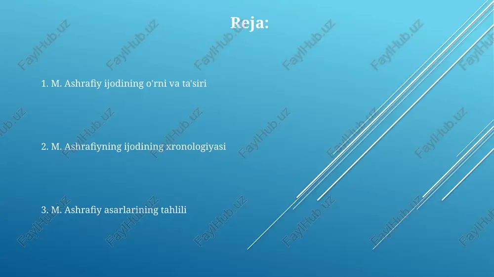 ng asarlari 5 dan ortiq tilga tarjima qilingan bo'lib, jahon adabiyotiga qo'shgan hissasi beqiyosdir, uning merosi yangi avlod ijodkorlariga ilhom beradi. m.ashrafiyning merosi 100 dan ortiq she'r, hikoya va pyesalarni o'z ichiga oladi, ularning aksariyati milliy adabiyotimizning oltin fondi hisoblanadi. sheʼriyatidagi obrazlar va motivlar m.ashrafiyning ijodida mifologik va folklor elementlarining 5 ta asosiy turi uchrab, ularning har biri muayyan poetik funktsiyani bajaradi. uning 15 dan ortiq she'rlarida vatan, muhabbat va inson taqdiri kabi muhim mavzular simvolik obrazlar orqali targ'ib etiladi. ashrafiy she'riyatidagi tabiat obrazlarining 70% dan ortig'i lirik "men"ning ichki holati bilan bog'liq bo'lib, psixologik realizm usulida ifodalangan. m. ashrafiyning ijtimoiy-siyosiy qarashlari uning fikricha, fuqarolik jamiyatining 50% dan ortiq qismi siyosiy jarayonlarda faol ishtirok etishi davlat boshqaruvida samaradorlikni oshiradi. m. ashrafiyning ijtimoiy-siyosiy qarashlari demokratiyaning 3 asosiy tamoyilini, ya'ni adolat, tenglik va erkinlikni jamiyat rivojining muhim omili sifatida ta'kidlaydi. m. ashrafiy 21-asrning global muammolari, jumladan, iqlim o'zgarishi va xalqaro terrorizmga qarshi …