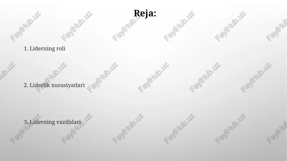oani boshqarish sanʼati yaxshi jamoa etakchisi kamida 5 ta turli muloqot uslubini egallab, har bir jamoa a'zosi bilan munosib munosabat o'rnatishi muhimdir. muvaffaqiyatli jamoa etakchisining 70% vaqtini muammolarni echishga, 30% ni esa jamoaning motivatsiyasini oshirishga sarflashi zarur. axloqiy va etik normalar rahbarning axloqiy va etik xulq-atvori uning jamoaga bo'lgan ta'siri 30% ga, jamoa samaradorligiga esa 25% ga ta'sir ko'rsatishi mumkin. etik kodeks va axloqiy printsiplarga rioya qilish, xodimlar orasida ishonchni 15-20% ga oshirib, ish unumdorligini yaxshilaydi. motivatsiya va ragʻbatlantirish rahbarning samarali motivatsiya strategiyasi jamoa mahsuldorligini 20-30% ga oshirishi mumkin, bu esa aniq ko'rsatkichlar orqali o'lchanadi. jamoaning 70% i muvaffaqiyatga erishish uchun adolatli mukofotlash tizimi va aniq maqsadlarga ega bo'lishni istaydi, bu esa rahbarning javobgarligini oshiradi. masʼuliyat va hisobot berish samarali hisobot berish uchun kpi (kalit ko’rsatkichlar) larni belgilash va ularning 5-10% oralig’ida o’zgarishini kuzatish muhim ahamiyatga ega. rahbarning mas’uliyati 3 ta asosiy yo’nalishda: strategik rejalashtirish (20%), jamoa boshqaruvi (50%), va …