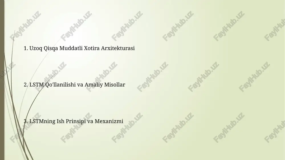 sini belgilaydi, shuningdek, uning performansini taʼsir qiladi. yashirin holat lstm hujayrasining asosiy xotira mexanizmi boʻlib, u 3 ta darvozadan (kirish, unutish, chiqish) oʻtgan maʼlumotlarni saqlaydi va keyingi vaqt bosqichlariga uzatadi. lstm arxitekturasi lstm arxitekturasida ma'lumotlar ketma-ketligi orqali 3 ta eslab qolish darvozasi (kiritish, unutish, chiqish) yordamida 100 ga yaqin vaqt oralig'idagi bog'liqliklarni aniqlash mumkin. lstm ning bir nechta qatlamlaridan foydalanish, masalan, 2 yoki 3 ta qatlamli lstm tarmog'i, murakkab vaqt ketma-ketliklarini tahlil qilish imkoniyatini sezilarli darajada oshiradi. holat (cell state) holat (cell state) lstm hujayrasining asosiy xususiyati bo'lib, u o'zgaruvchan uzunlikdagi ketma-ketlikdagi ma'lumotlarni 100% ga yaqin aniqlik bilan saqlashga imkon beradi. ushbu holat vektori, o'zgaruvchan uzunlikdagi ma'lumotlarni qayta ishlashda, unutilishi kerak bo'lgan va saqlanishi kerak bo'lgan ma'lumotlarni tanlash uchun eslatmalar darvozasi va yangilanish darvozasi orqali boshqariladi, bu esa 3 ta darvoza bilan amalga oshiriladi. xujayralar va ularning tarkibi lstm xujayralari 3 ta asosiy qismdan: kirish darvozasi, unutish darvozasi va chiqish …
