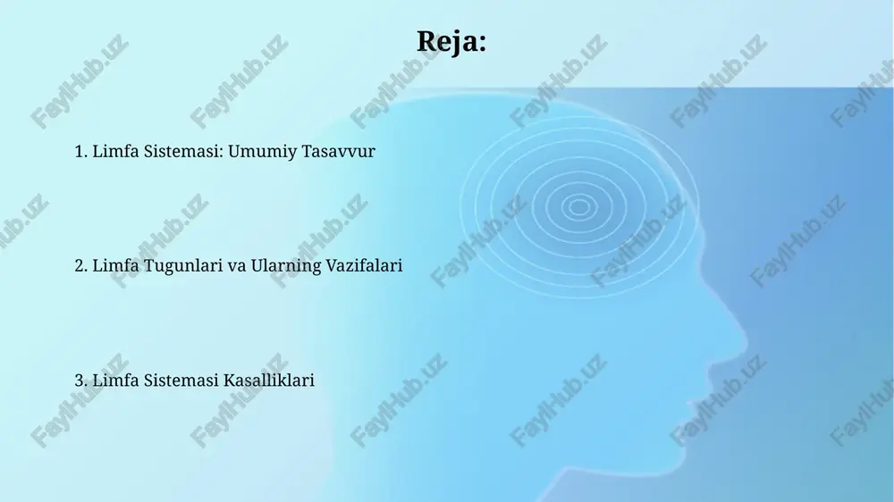 xil subtiplarga ega, davolash usullari esa kasallikning bosqichiga bog'liq. limfadenit, limfa tugunlarining yallig'lanishi, bakteriyalar, viruslar yoki qo'ziqorinlar sabab bo'lishi mumkin va odatda 1-3 hafta ichida o'z-o'zidan yo'qoladi, ammo ba'zi hollarda antibiotiklar talab etiladi. limfa tizimining tekshiruvi limfa tizimining holatini baholash uchun qon tahlillari, jumladan, umumiy qon tahlili va limfotsitlar sonini aniqlash kabi 2 ta asosiy ko'rsatkichni o'z ichiga oladi. limfoskintigrafiya, limfa yo'llarining va tugunlarining vizualizatsiyasi uchun 99mtc-kolloid kabi radioaktiv izotrop bilan amalga oshiriladigan muhim diagnostik usul hisoblanadi. limfaning funksiyalari limfa sistemasining asosiy funksiyalaridan biri organizmdan 2-3 litr ortiq suyuqlikni qayta so'rib olish va qon oqimiga qaytarish hisoblanadi, bu esa shishishning oldini oladi. limfa tugunlari filtr vazifasini bajarib, limfada mavjud bo'lgan 99% bakteriyalar, viruslar va boshqa zararli moddalarni yo'q qiladi, immunitet tizimining samarali ishlashini ta'minlaydi. e'tiboringiz uchun rahmat @taqdimot_robot image2.jpg image3.jpg image4.jpg image5.jpg image6.jpg image7.jpg image8.jpg image1.png