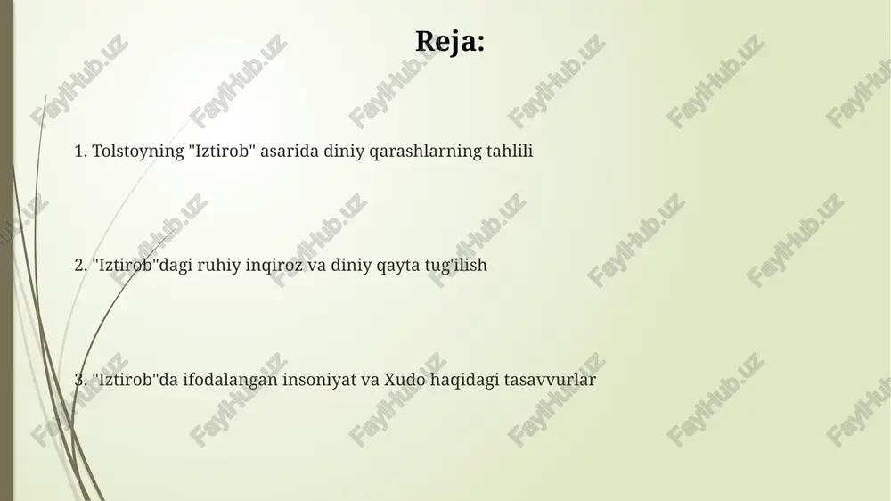 nqirozga duch kelishi o'rtasidagi kurash tasvirlangan. xristianlik tamoyillari va tolstoyning shaxsiy tajribasi tolstoyning shaxsiy tajribasi natijasida shakllangan xristianlik tushunchasi, cherkovning rasmiy ta'limotlaridan sezilarli darajada farq qilib, soddaligi va samimiyligi bilan ajralib turadi. tolstoyning "iztirob" asarida 20 yosh atrofida ruhiy inqirozga uchrashi va an'anaviy xristianlik dogmalariga shubha bilan qarashini tasvirlaydi, bu uning shaxsiy qidiruvlari boshlanishini belgilab beradi. uning xristianlikka bo'lgan munosabati faqatgina insonparvarlik va sevgi tamoyillariga emas, balki 4 ta injilning chuqur tahliliga va falsafiy izlanishlarga asoslangan. "iztirob"da insoniylik va xudo tushunchalari "iztirob"da tolstoyning 30 yoshida boshidan kechirgan chuqur ruhiy inqirozini, o'lim haqidagi fikrlarining 10 yildan ortiq davom etgan ta'sirini ko'rish mumkin. xudoga bo'lgan ishonchning yo'qolishi va keyinchalik uni qayta topish jarayoni asarning markaziy mavzusi bo'lib, insoniy qadriyatlarning 5 ta asosiy jihatini o'z ichiga oladi. "iztirob"da insoniylik va xudo tushunchalari o'zaro bog'liq holda tasvirlanadi, bu esa insonning ichki dunyosini anglashga 2 ta yo'lni ochib beradi. tolstoyning diniy qarashlarining rivojlanishi uning keyingi …