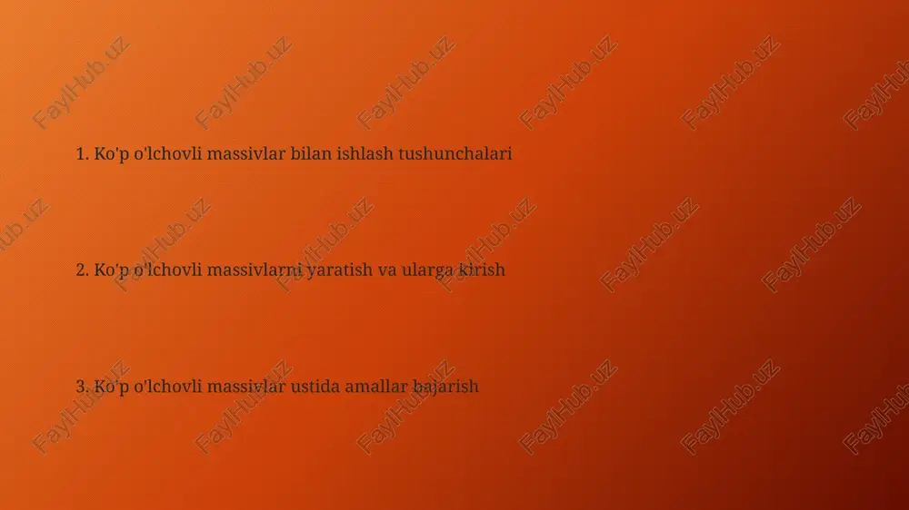 to'plami (masalan, [i, j, k]) bilan aniqlanadi va katta hajmdagi ma'lumotlarni samarali saqlash imkonini beradi. ko'p o'lchovli massivlar ustida amallar bajarish matritsalar va tenzorlar kabi yuqori o'lchovli ma'lumotlar strukturalari bilan ishlashda, xotira samaradorligi va hisoblash tezligi muhim omillar hisoblanadi, shuning uchun ma'lumotlar tuzilmasini tanlashda ehtiyotkorlikka rioya qilish kerak. ko'p o'lchovli massivlarning elementlariga kirish uchun indekslarning tartibi muhim, masalan, 3x4x2 o'lchovli massivda elementga kirish uchun uchta indeks kerak bo'ladi. ko'p o'lchovli massivlarni yaratish ko'p o'lchovli massivlarni yaratishda, masalan 3x4 o'lchamli massivni yaratish uchun, uchta qator va to'rtta ustundan iborat ikki o'lchovli massivni aniqlash kerak. unda 12 ta element saqlanadi. ko'p o'lchovli massivlarni yaratishda har bir o'lchamining kattaligi (o'lchamlari) oldindan aniq belgilanadi va o'zgarmas bo'ladi. masalan, 5x10x2 o'lchamli massivda 100 ta element bo'ladi. ko'p o'lchovli massivlarni qayta shakllantirish `transpose()` funksiyasi yordamida 2 o'lchovli massivning satrlari va ustunlarini almashtirish orqali uning o'lchamlarini va tuzilishini o'zgartirish mumkin, bu esa ba'zi hisoblashlarni soddalashtirishga yordam beradi. …