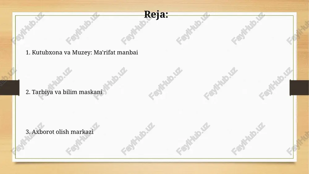 tirilgan virtual reallik texnologiyalari yordamida 3d modellashtirish orqali 5000 dan ortiq tarixiy asarlarni taqdim etadi, o'quv jarayonini yanada interaktiv qiladi. zamonaviy muzeylar va kutubxonalar, sun'iy intellekt asosida ishlaydigan aqlli qidiruv tizimlari orqali 10 million dan ortiq ma'lumot bazasiga kirish imkoniyatini taqdim etib, axborotga tez va oson kirishni ta'minlaydi. muzeylarning ta'sirchanligi muzeylar yillik 5 millionga yaqin mehmonni qabul qilib, ularning madaniy savodxonligini oshirishda muhim rol o'ynaydi va ijtimoiy-madaniy taraqqiyotga hissa qo'shadi. muzey ekskursiyalari va ta'lim dasturlari orqali 10 yoshdan 18 yoshgacha bo'lgan yoshlar tarix, san'at va fan sohalarida chuqurroq bilimlarga ega bo'lishadi. kutubxonaning imkoniyatlari kutubxonaning o'quv zallari va tadbirlar maydonchalari 100 dan ortiq kishiga bir vaqtning o'zida xizmat ko'rsatish imkoniyatiga ega. zamonaviy kutubxonalar onlayn kataloglar va elektron kutubxona tizimlari orqali 24/7 kirish imkoniyatini taqdim etib, foydalanuvchilarga qulaylik yaratadi. yosh avlodni o'qitishda kutubxona va muzeyning roli muzeylar tarix, madaniyat va san'at asarlari orqali 10 yoshdan 25 yoshgacha bo'lgan yoshlarda milliy g'urur va …
