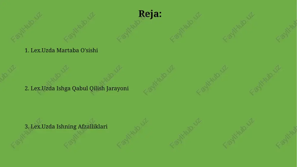 tiladi, bu esa samaradorlikni oshirishga yordam beradi. yillik trening rejasida kamida 10 ta yangi kurs qo'shiladi, bu esa xodimlarning malakasini oshirish va zamonaviy texnologiyalar bilan tanishish imkonini beradi. lex.uz kompaniyasi haqida umumiy ma'lumot lex.uz kompaniyasi o'zbekistondagi eng yirik onlayn huquqiy axborot tizimlaridan biri bo'lib, 200 mingdan ortiq huquqiy hujjatlar bazasiga ega. kompaniya 15 yildan ortiq tajribaga ega bo'lib, 100 000 dan ziyod foydalanuvchiga yuqori sifatli huquqiy xizmatlarni taqdim etadi. ish o'rinlari va bo'limlar lex.uz da 10 dan ortiq bo'lim mavjud bo'lib, har bir bo'lim o'ziga xos vazifalar va loyihalar ustida ishlaydi, jumladan, texnik qo'llab-quvvatlash, marketing va kontent yaratish kabi yo'nalishlarni o'z ichiga oladi. kompaniya yiliga o'rtacha 50 dan ortiq yangi ish o'rinlarini yaratadi, bu esa turli sohalardagi mutaxassislarga o'z qobiliyatlarini namoyish etish imkoniyatini beradi, shuningdek, karera o'sishini ta'minlaydi. ish sharoitlari va imkoniyatlari kompaniya xodimlarga 15 kunlik to'liq haq to'lanadigan ta'til va sog'liqni saqlash sug'urtasi kabi raqobatbardosh ijtimoiy to'lovlarni taklif etadi. …